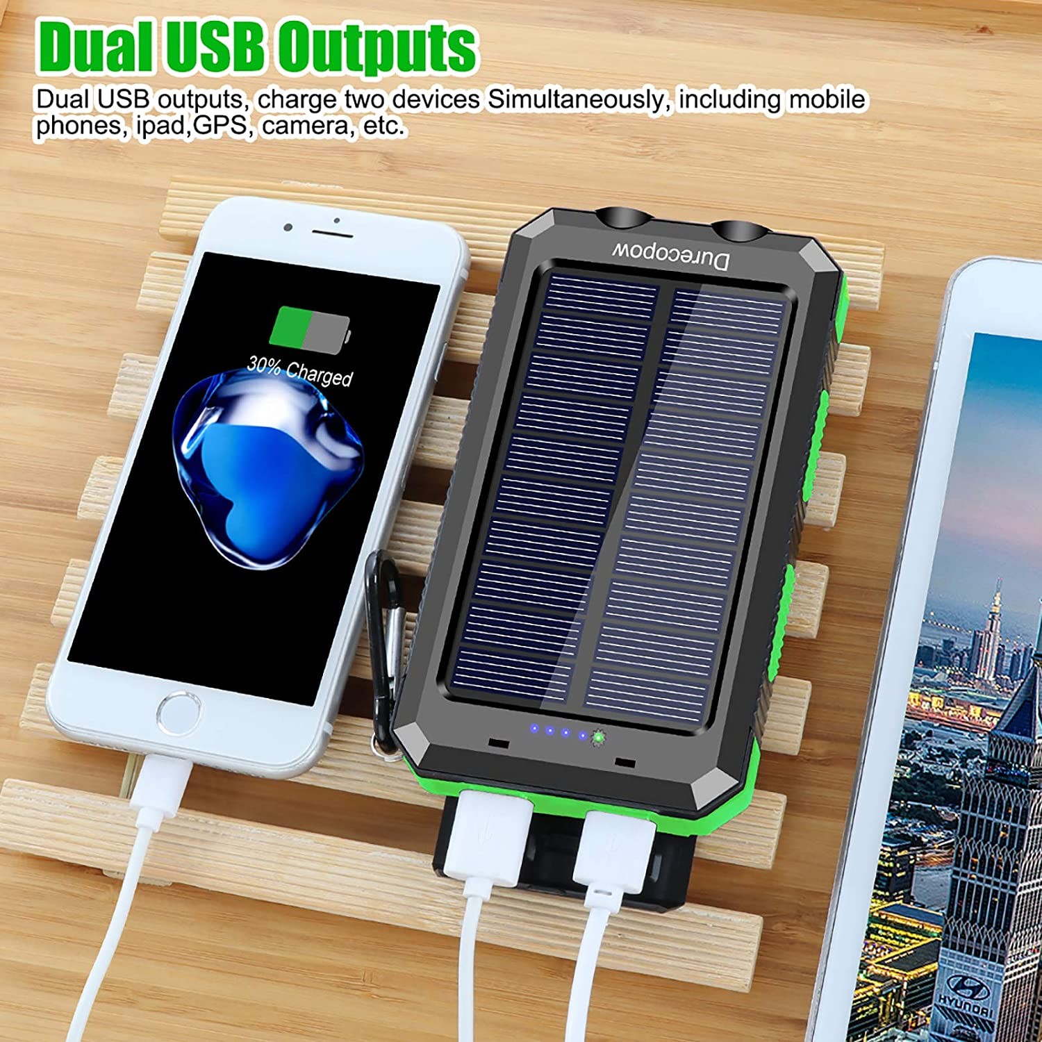 Solar Charger, Durecopow 20000mAh Portable Outdoor Waterproof Solar Power Bank, Camping External Backup Battery Pack Dual 5V USB Ports Output, 2 Led Light Flashlight with Compass (Green)