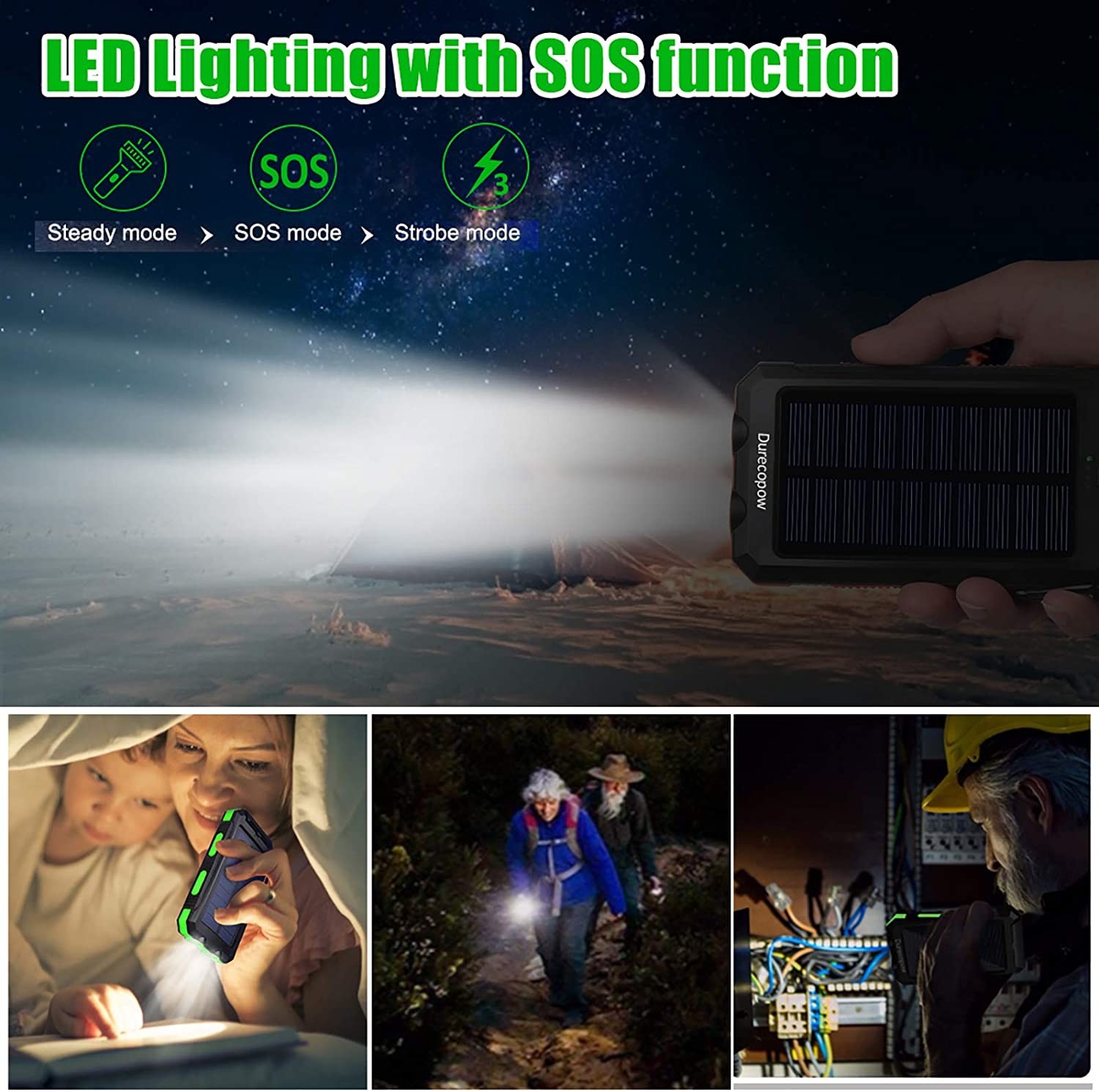 Solar Charger, Durecopow 20000mAh Portable Outdoor Waterproof Solar Power Bank, Camping External Backup Battery Pack Dual 5V USB Ports Output, 2 Led Light Flashlight with Compass (Green)