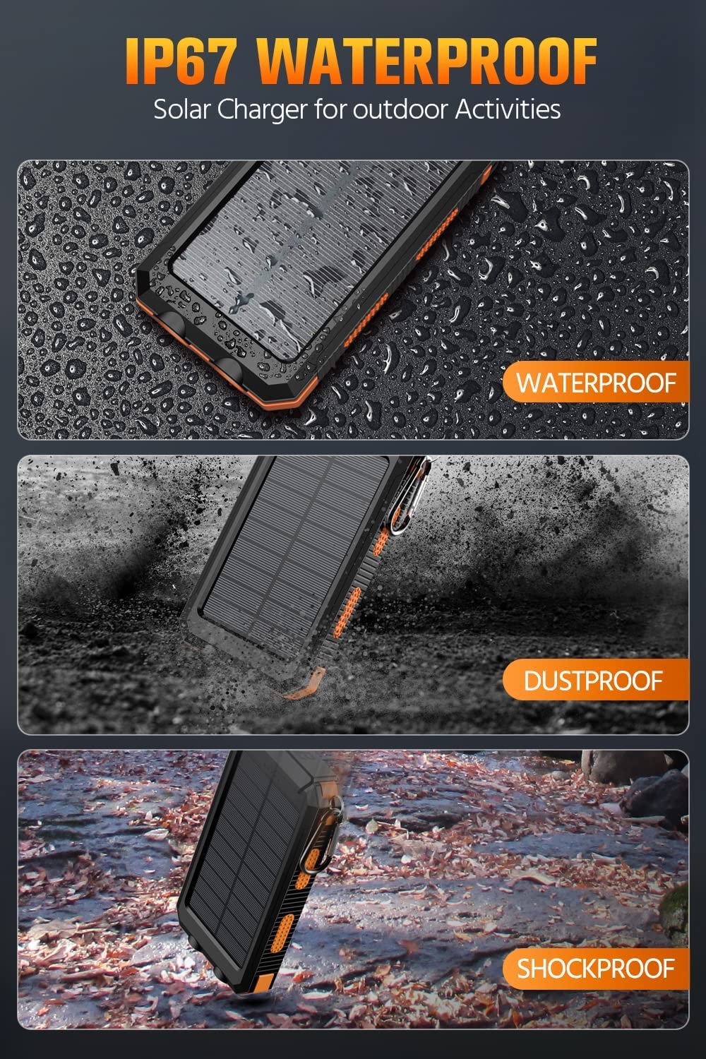 Solar-Charger-Power-Bank - 36800mAh Portable Charger,QC3.0 Fast Charger Dual USB Port Built-in Led Flashlight and Compass for All Cell Phone and Electronic Devices(Orange)