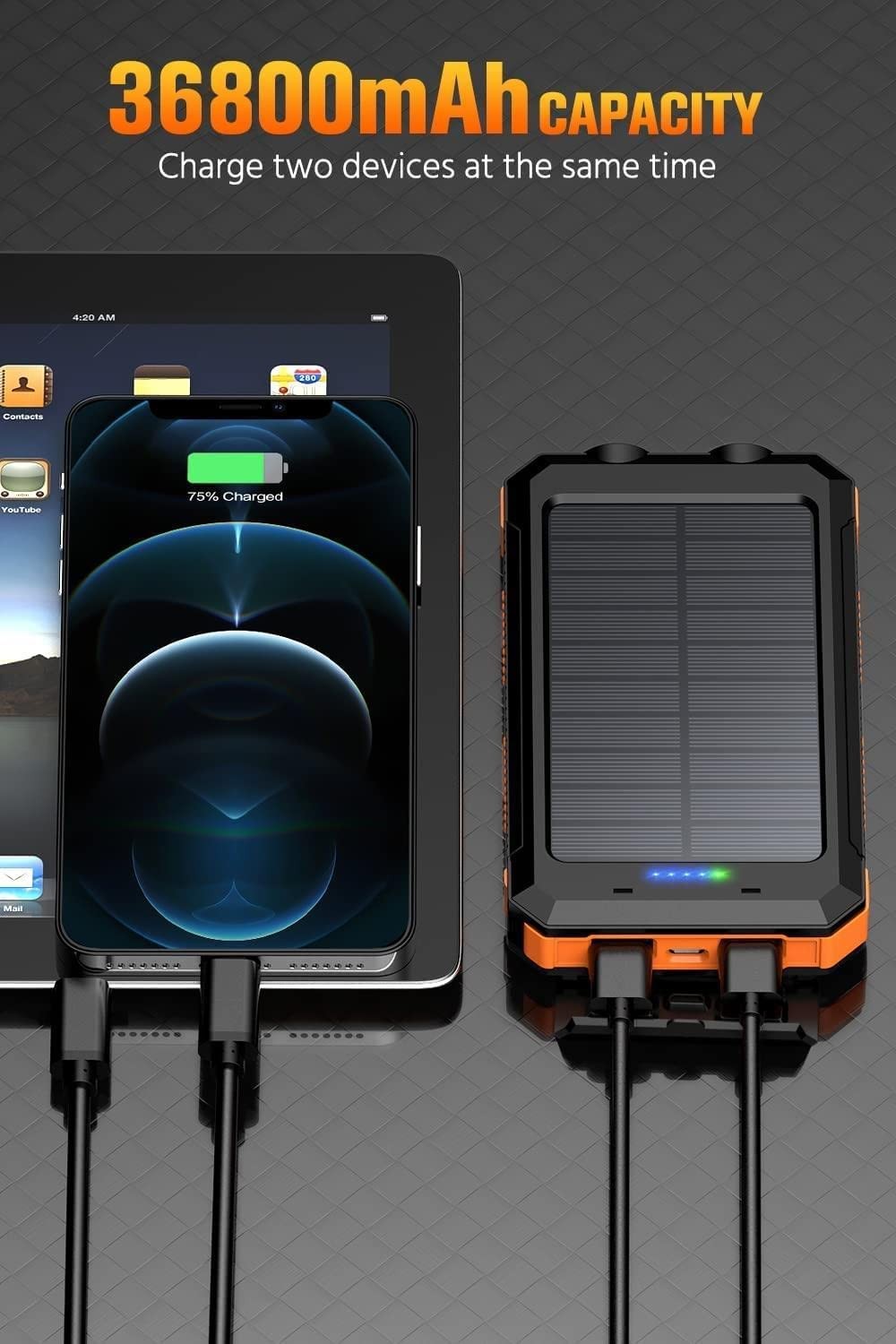 Solar-Charger-Power-Bank - 36800mAh Portable Charger,QC3.0 Fast Charger Dual USB Port Built-in Led Flashlight and Compass for All Cell Phone and Electronic Devices(Orange)