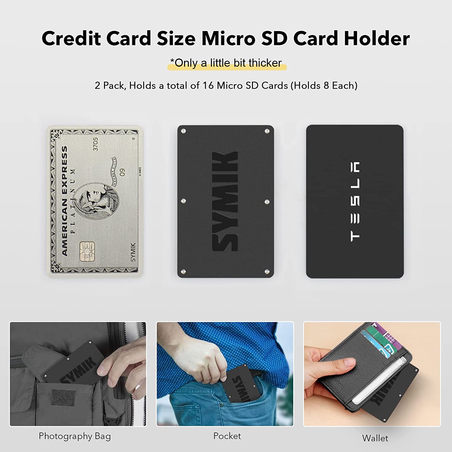 SYMIK Micro SD Card Holder Case (2 Pack), Credit Card Size Micro SD Card Storage Organizer Keeper Case with Push Lock and Push Again Release Design; Great for Drones, Aerial Photography, 360 Camera