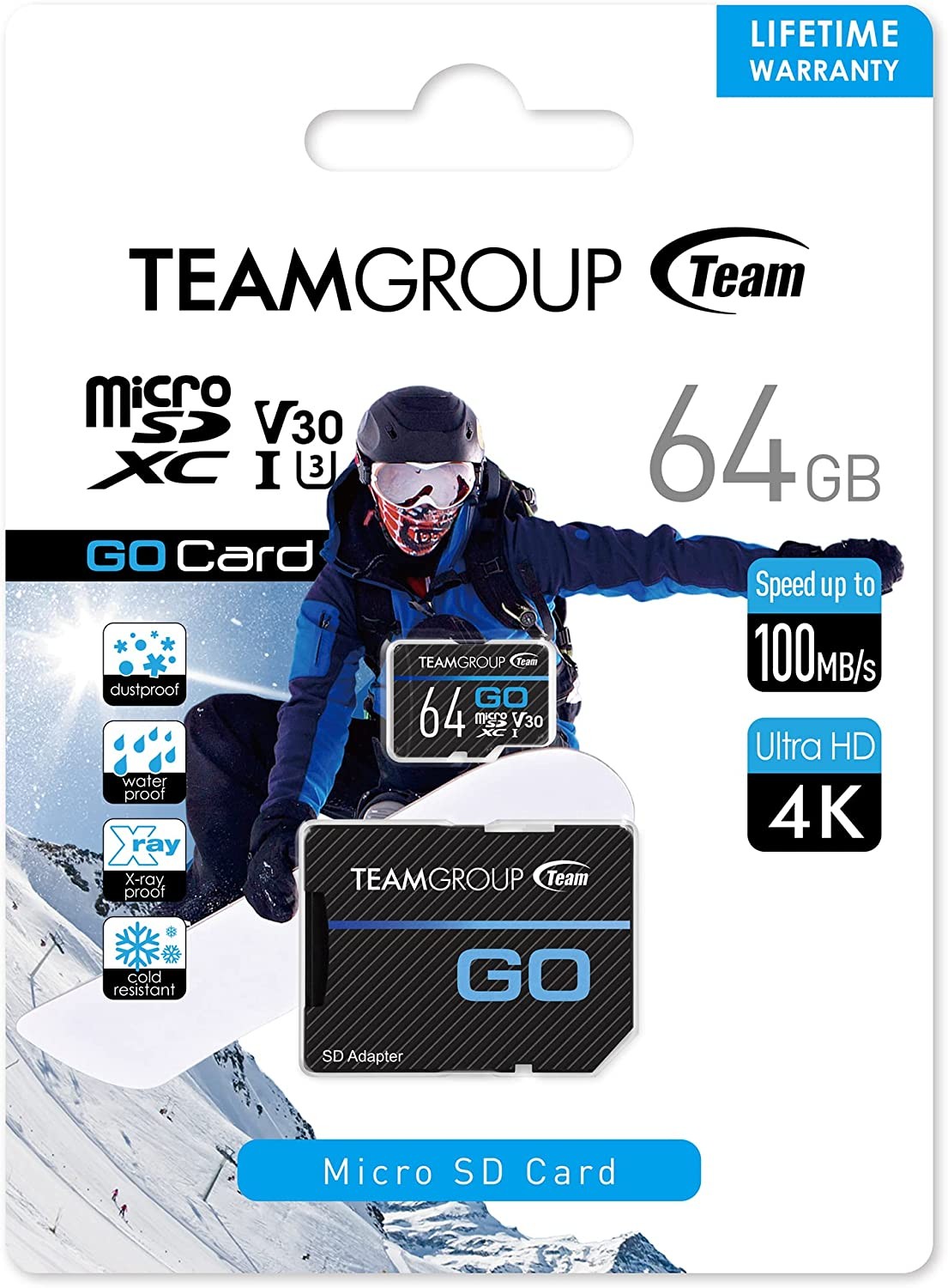 TEAMGROUP GO Card 64GB Micro SDXC UHS-I U3 V30 4K for GoPro & Drone & Action Cameras High Speed Flash Memory Card with Adapter for Outdoor, Sports, 4K Shooting, Nintendo-Switch TGUSDX64GU303