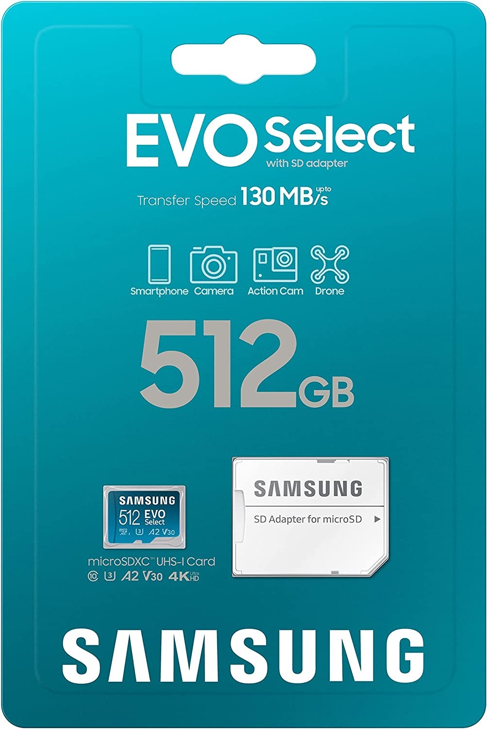 SAMSUNG EVO Select Micro SD-Memory-Card + Adapter, 512GB microSDXC 130MB/s Full HD & 4K UHD, UHS-I, U3, A2, V30, Expanded Storage for Android Smartphones, Tablets, Nintendo-Switch (MB-ME512KA/AM)