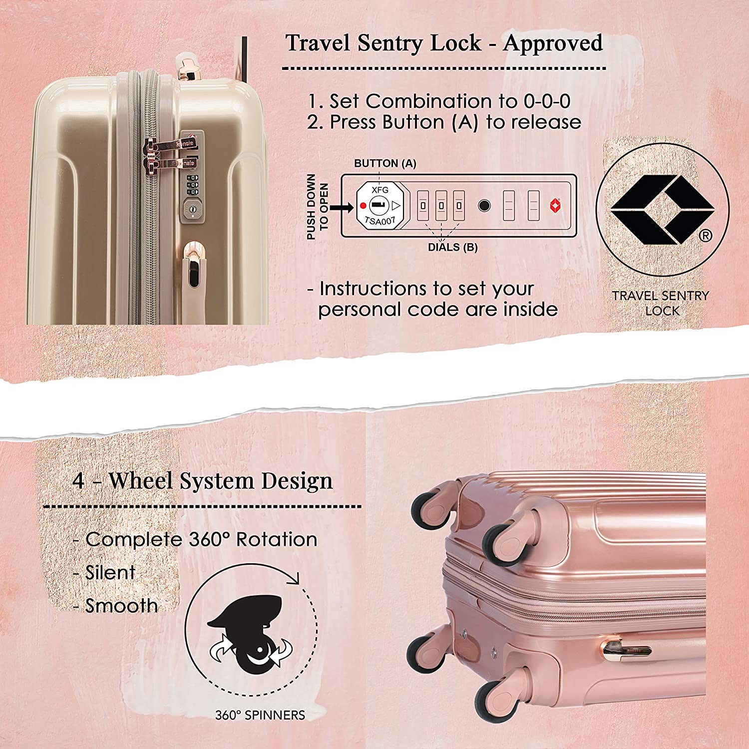 kensie Women s Alma Hardside Spinner Luggage, Rose Gold, Carry-On 20-Inch
