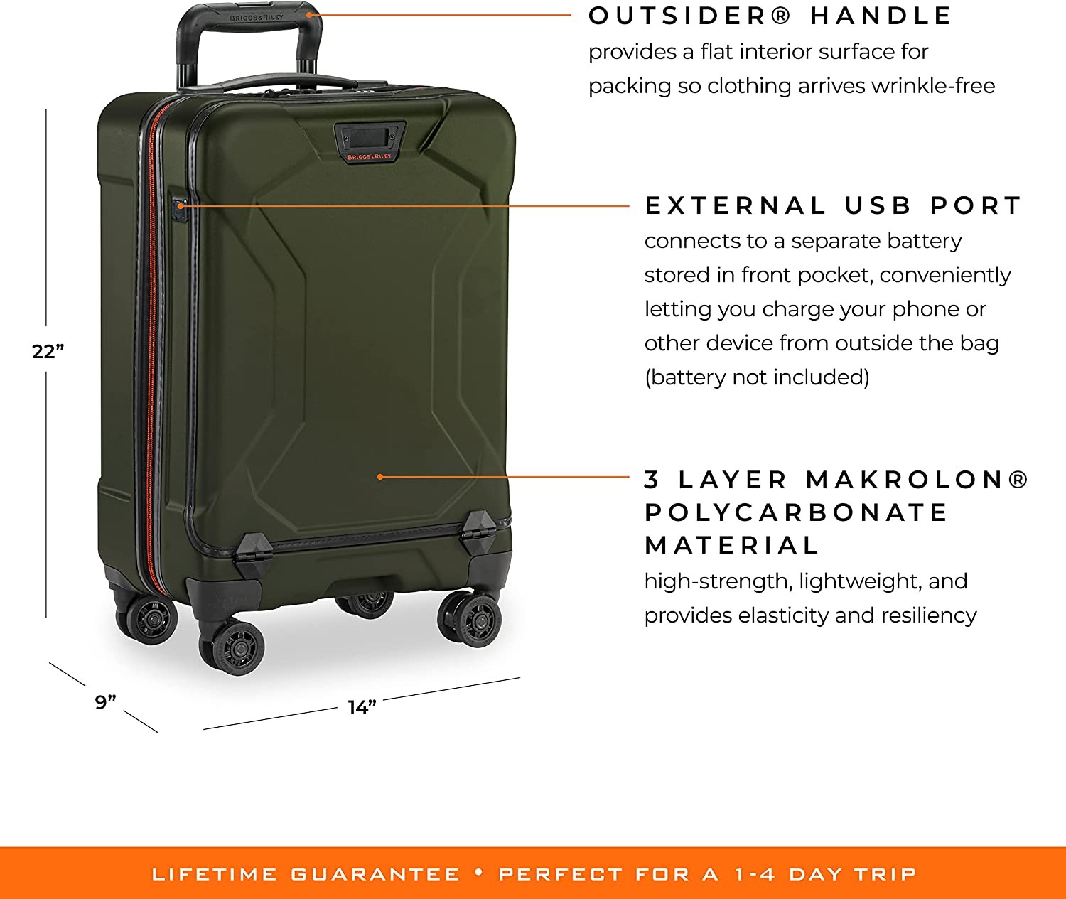 Briggs & Riley Torq Hardside Carry On Luggage with Spinner Wheels 22 inch. USB Charging Port, TSA-Friendly Locks, Easy Access Hinged Front Pocket, Green
