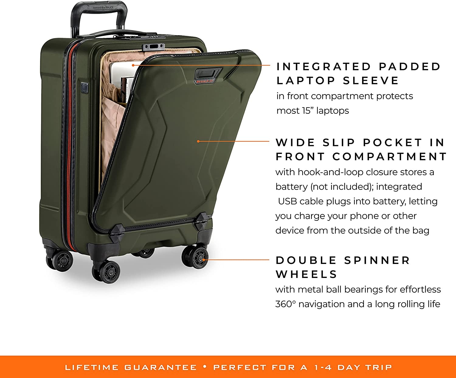 Briggs & Riley Torq Hardside Carry On Luggage with Spinner Wheels 22 inch. USB Charging Port, TSA-Friendly Locks, Easy Access Hinged Front Pocket, Green