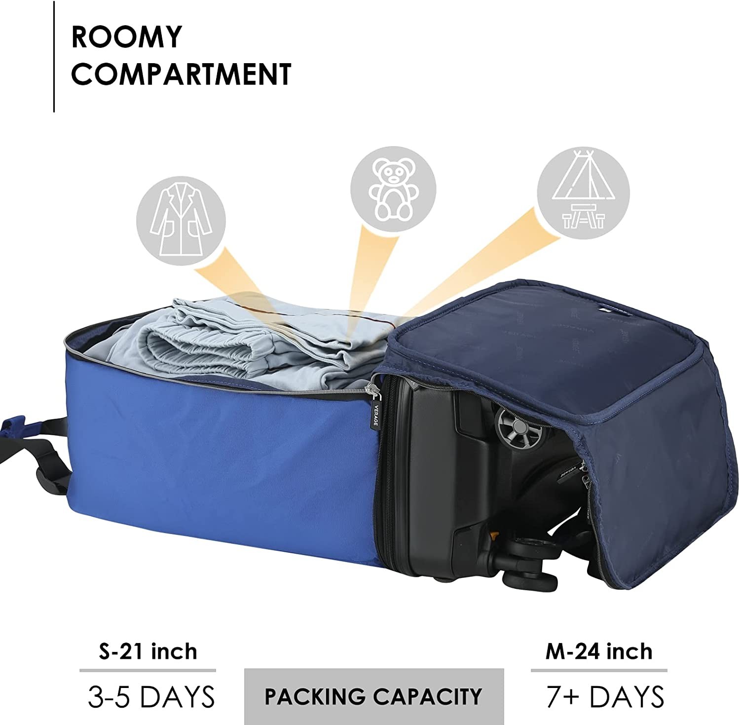VERAGE Expandable Foldable Luggage Bag Collapsible Suitcases Rolling Travel Duffel Bag Lightweight Suit Case with Detachable Spinner Wheels(Blue,21 Inch Expands into 24 Inch)