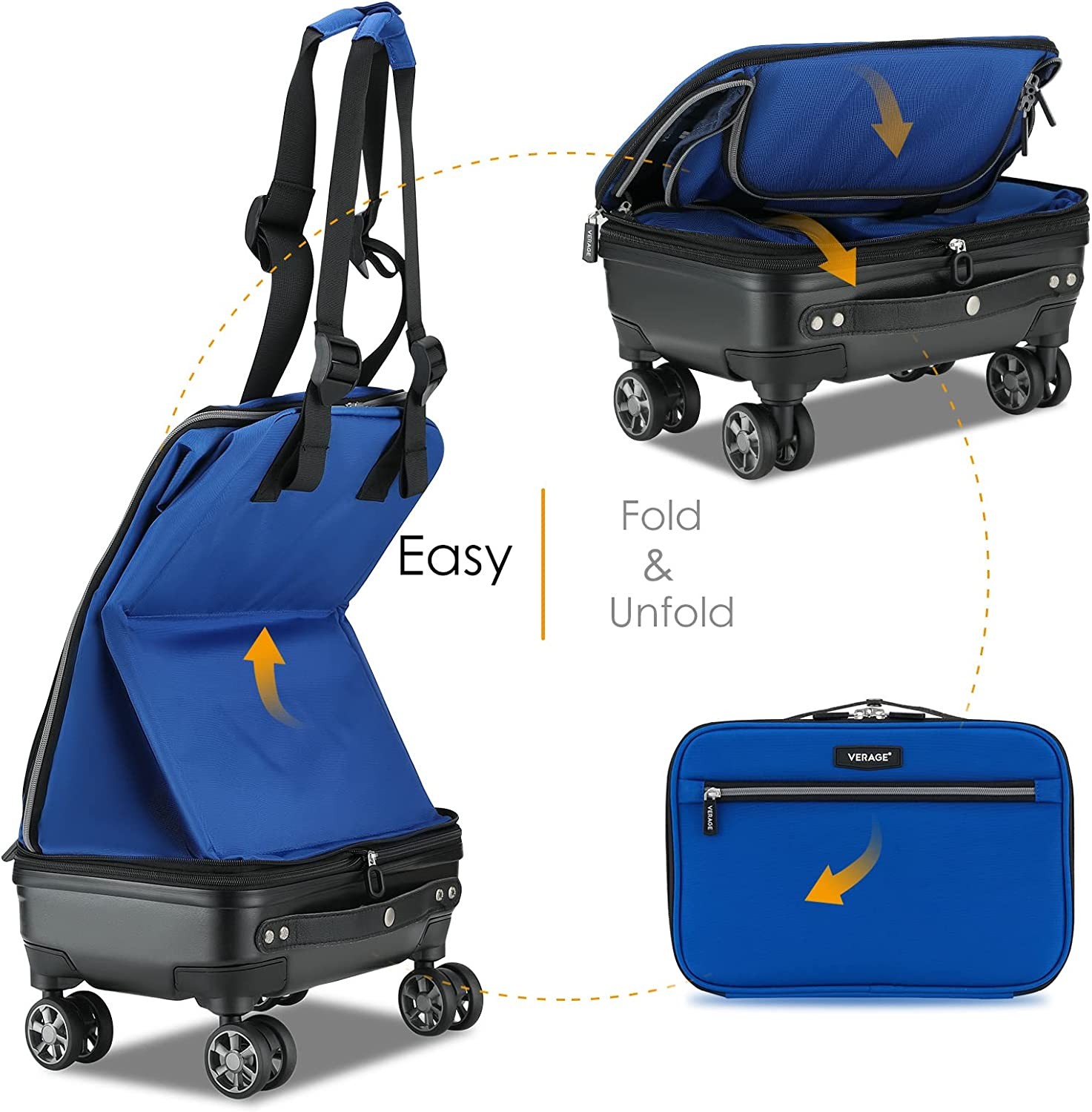 VERAGE Expandable Foldable Luggage Bag Collapsible Suitcases Rolling Travel Duffel Bag Lightweight Suit Case with Detachable Spinner Wheels(Blue,21 Inch Expands into 24 Inch)