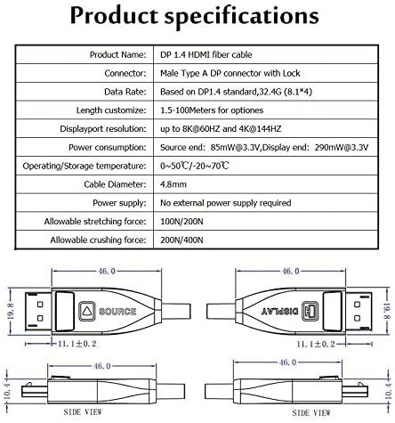 Jeirdus Fiber DP to DP Cable Male to Male 32Gbps High Speed 8k@60HZ 4K@140HZ, DP 1.4 Display Port for Big Game HDTV Projector, PC Host, Graphics Card,33ft