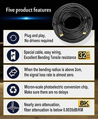 Jeirdus Fiber DP to DP Cable Male to Male 32Gbps High Speed 8k@60HZ 4K@140HZ, DP 1.4 Display Port for Big Game HDTV Projector, PC Host, Graphics Card,33ft