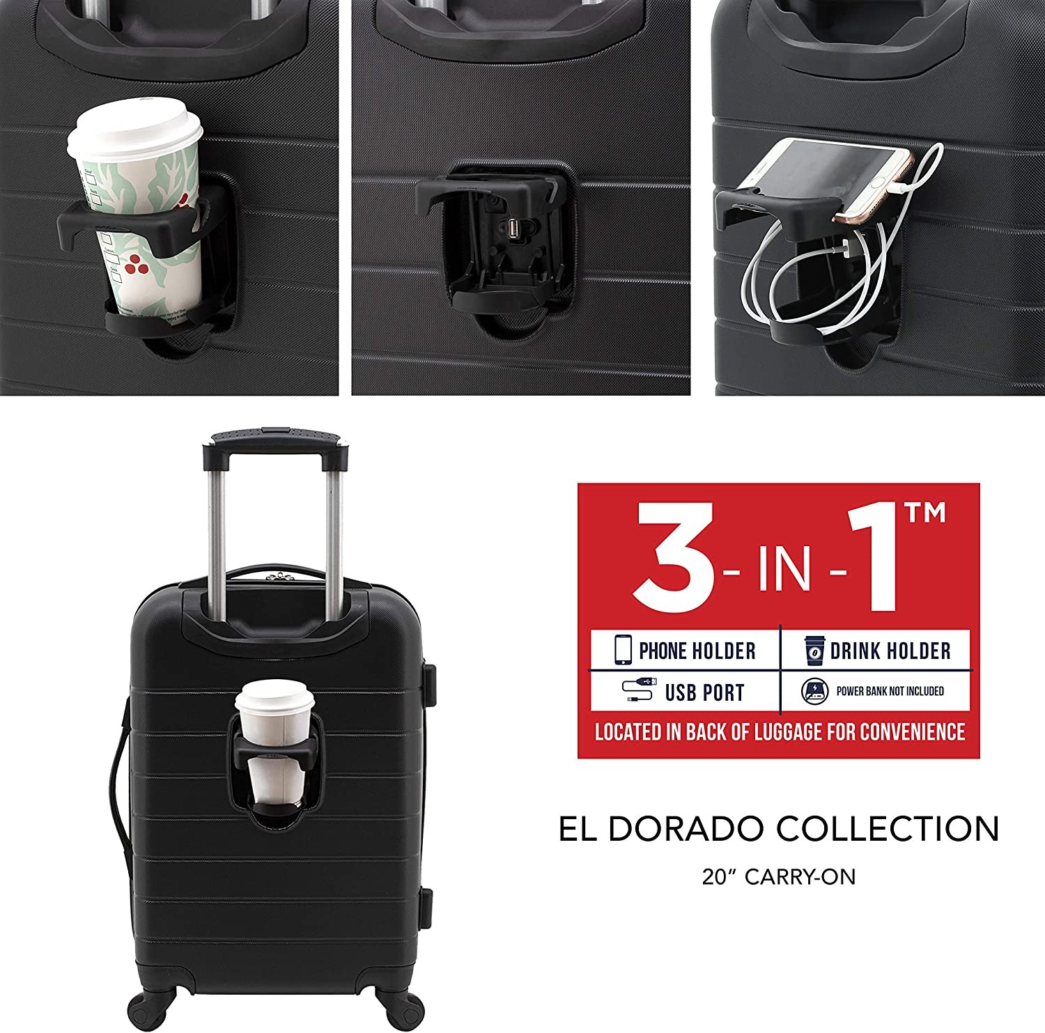 Wrangler El Dorado Lugggage Set with Cup Holder and USB Port, Black, 2 Piece