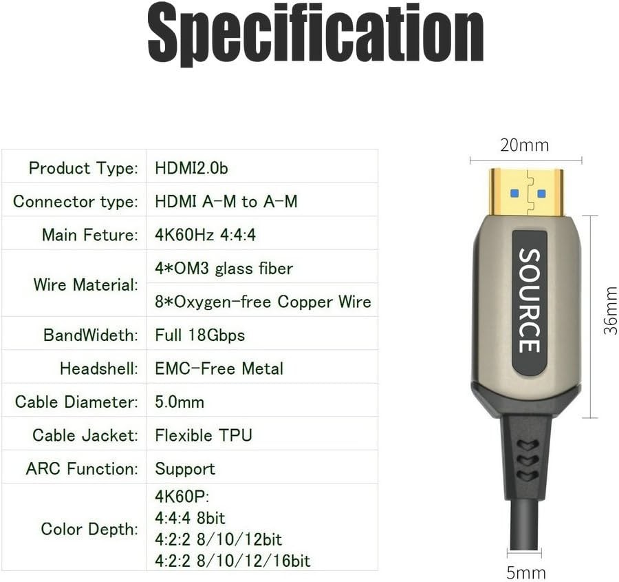 Jeirdus 50ft AOC HDMI Fiber Optic Cable Ultra HDR HDMI2.0b 18 Gbps,Support 4K60HZ ARC HDR10 HDCP2.2, Dolby Vision, Light Speed Slim and Flexible