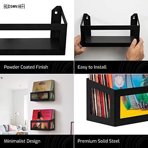 Hudson Hi-Fi Wall Mount Vinyl Record Storage 25-Album Display Holder - Black Satin - Two Pack