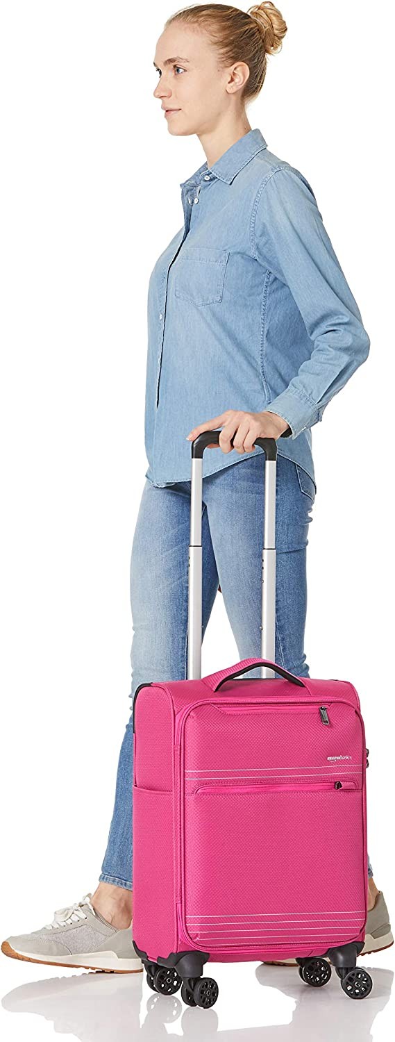 Amazon Basics Lightweight Luggage, Softside Spinner Travel Suitcase with Wheels - 22 Inch, Pink