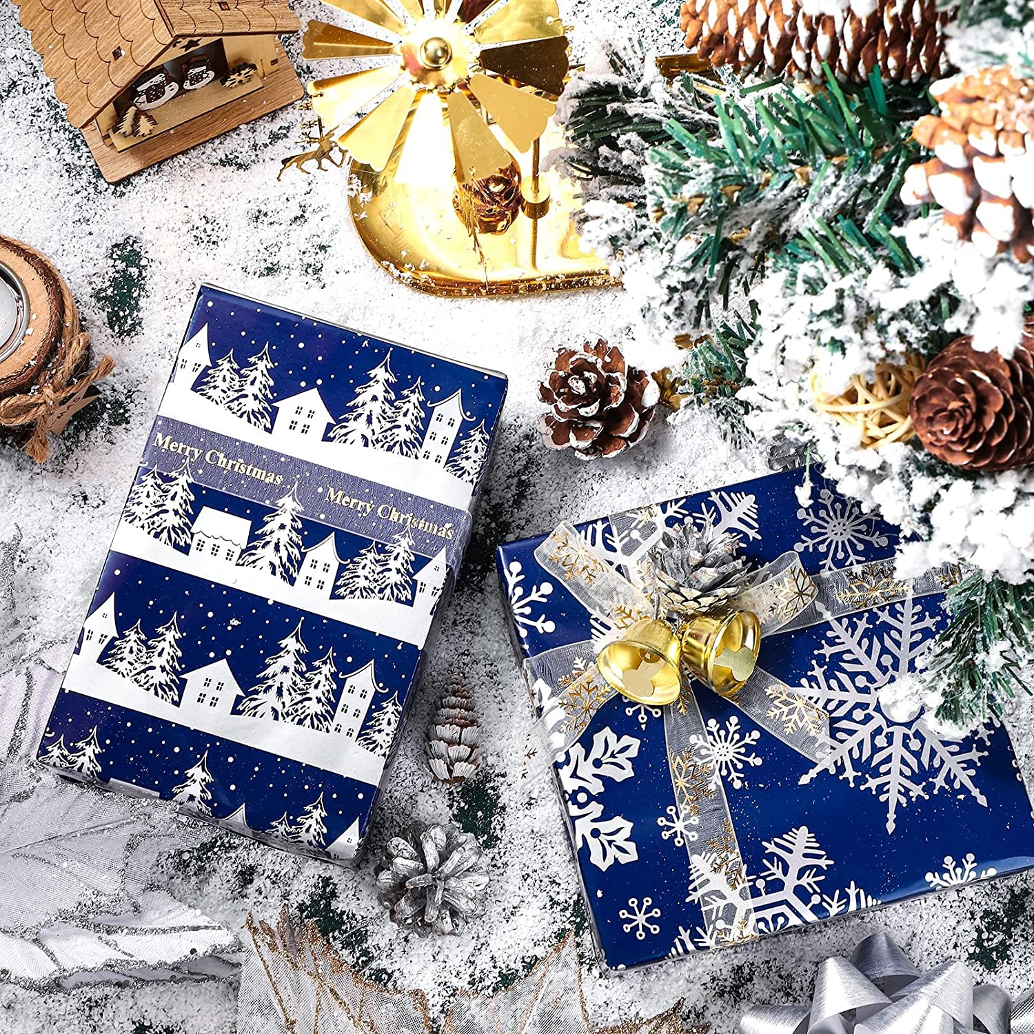 LeZakaa Navy Christmas Wrapping Paper Roll - Min Roll - Snowy Woodland Scenes/Snowflake/Tree for Gift Wrap, DIY Craft - 17 x 120 inches - 3 Rolls (42.5 sq.ft.ttl.)