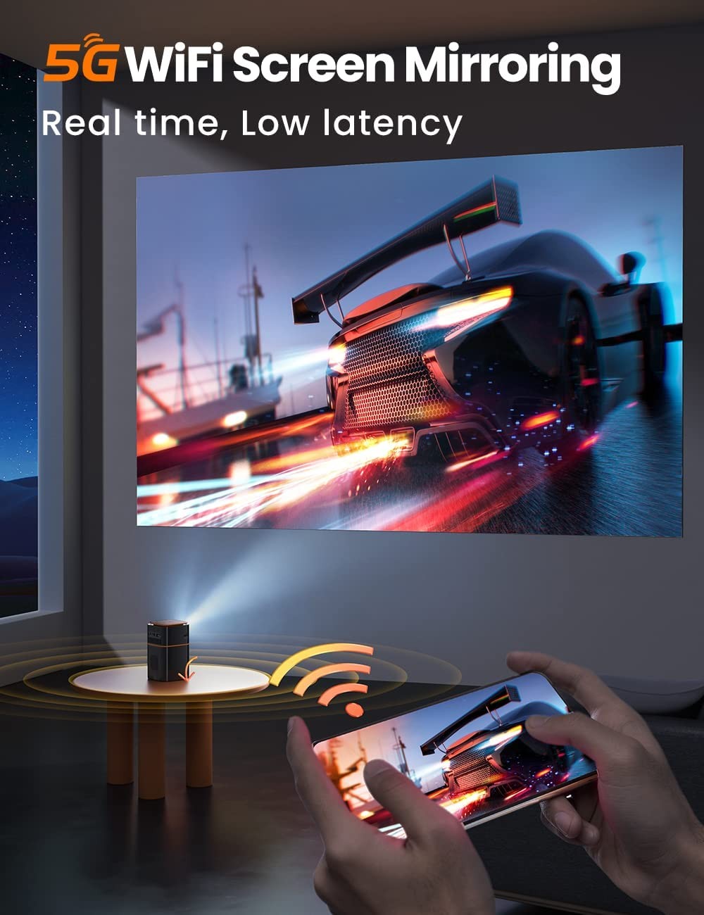 Mini Projector, FATORK 5G WiFi DLP Smart Portable Movie Projectors, Pocket Monster Outdoor Projector for Phone 1080P HD Support Wireless Video Travel Short Throw, Compatible with iOS/Android/HDMI/USB