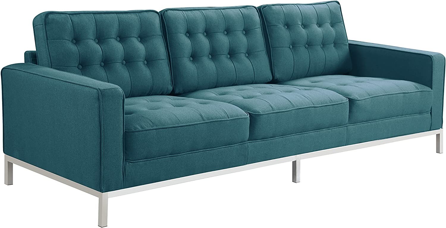Iconic Home Draper Sofa Three Seat Linen Upholstered Button Tufted Square Arm Silvertone Metal Legs Couch, Modern Contemporary, Blue
