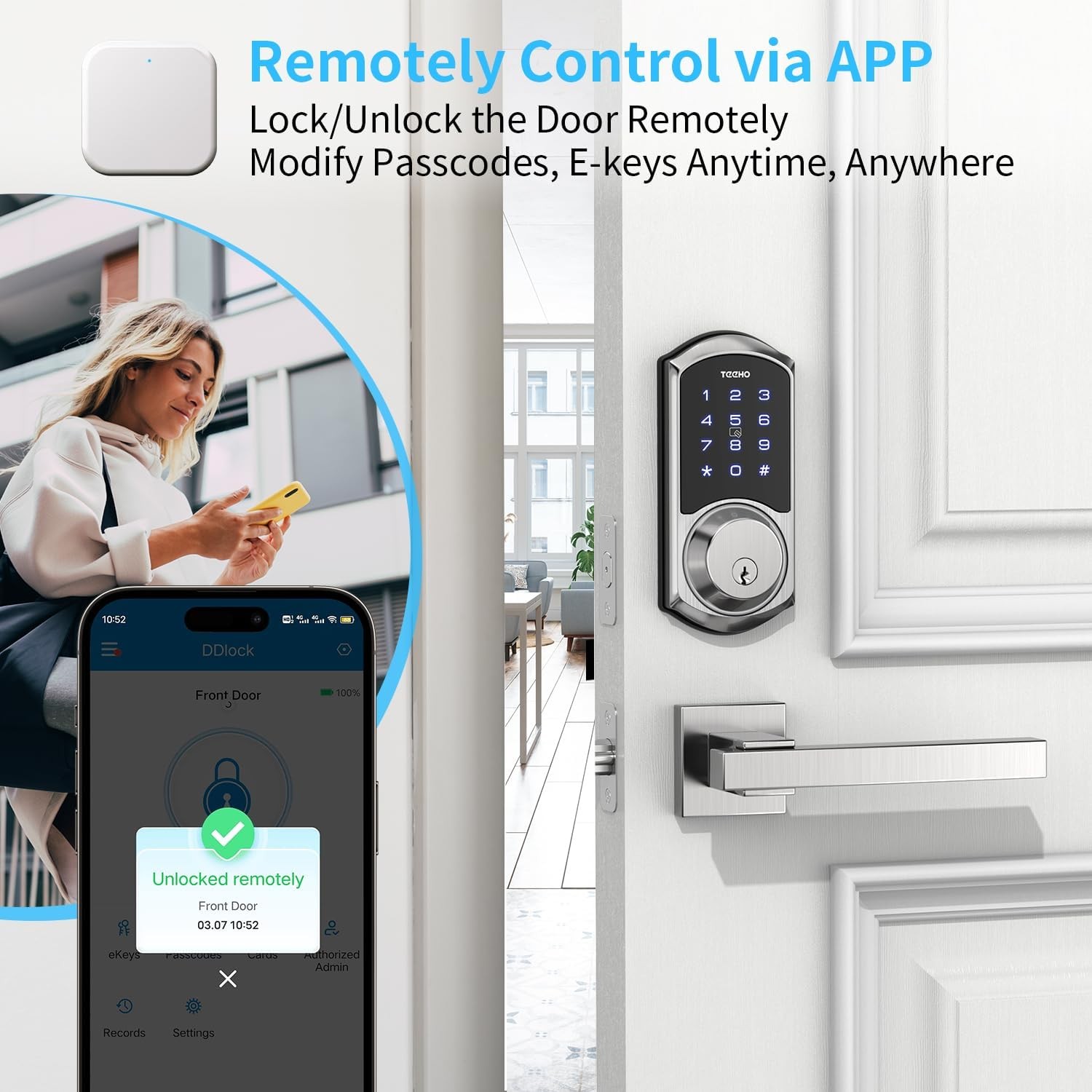 TEEHO TE006G Smart Lock - Keyless Entry Door Lock with Gateway - WiFi Smart Deadbolt for Front Door - Remote APP Control - Auto Lock - Satin Nickel