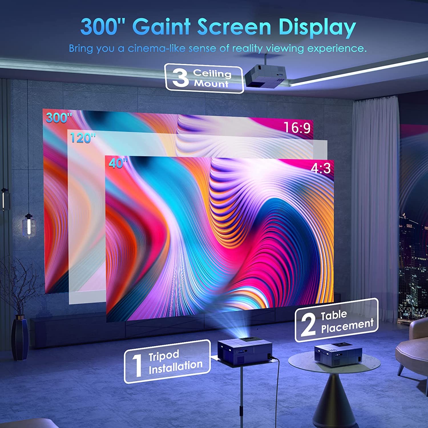 Native 1080P 5G WiFi Bluetooth Projector 4K Support, 12000L 400 ANSI YOWHICK Outdoor Movie Projector with Screen and Max 300" Display, Video Projector Compatible w/iOS/Android/Win/TV/PS5, Grey