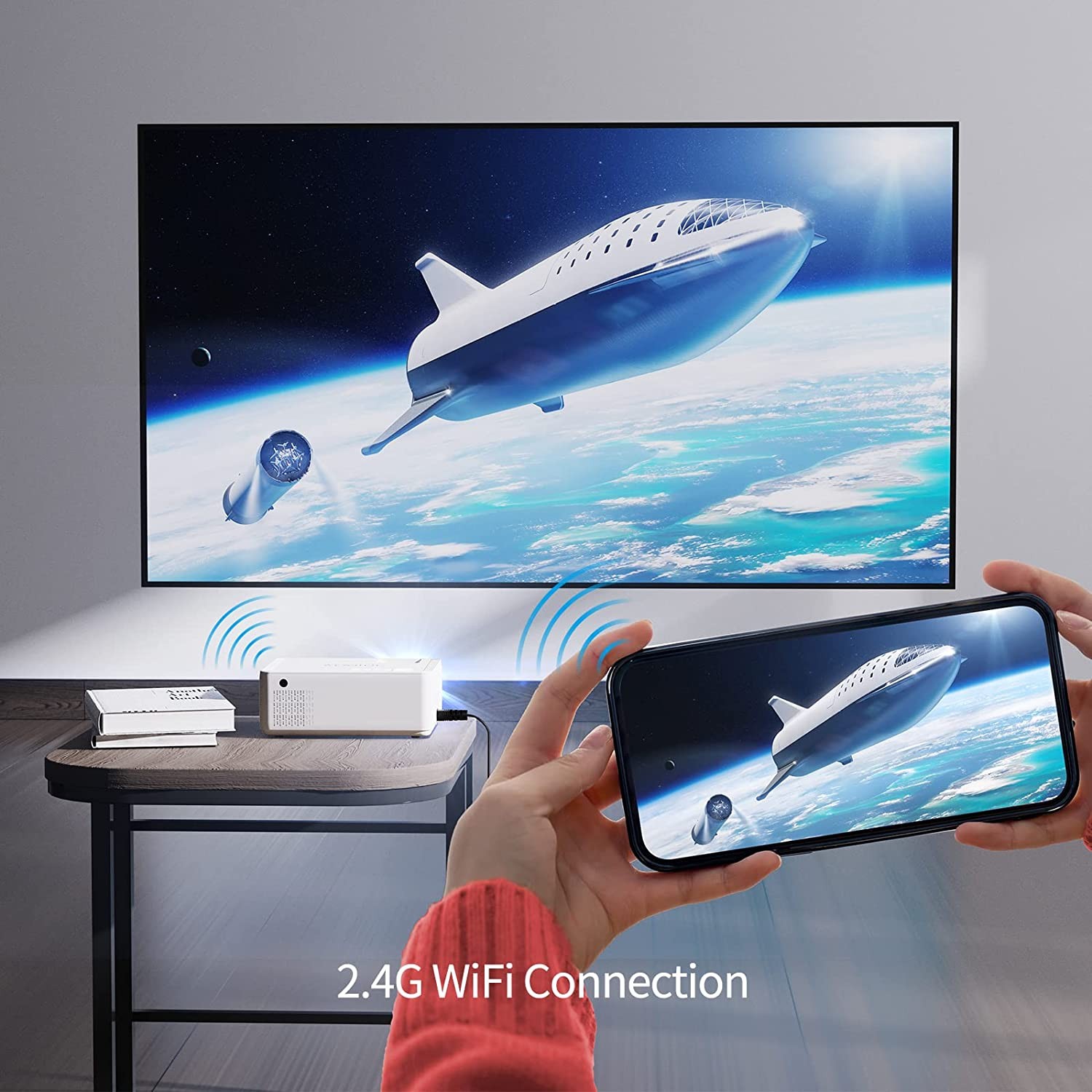 WiFi Mini Projector, WEWATCH 8500 Lumens Movie Projector, 1080P and 260" Display Supported, Portable Video Projector for Outdoor Use Compatible with TV Stick, HDMI, iOS Android Phone - Silver