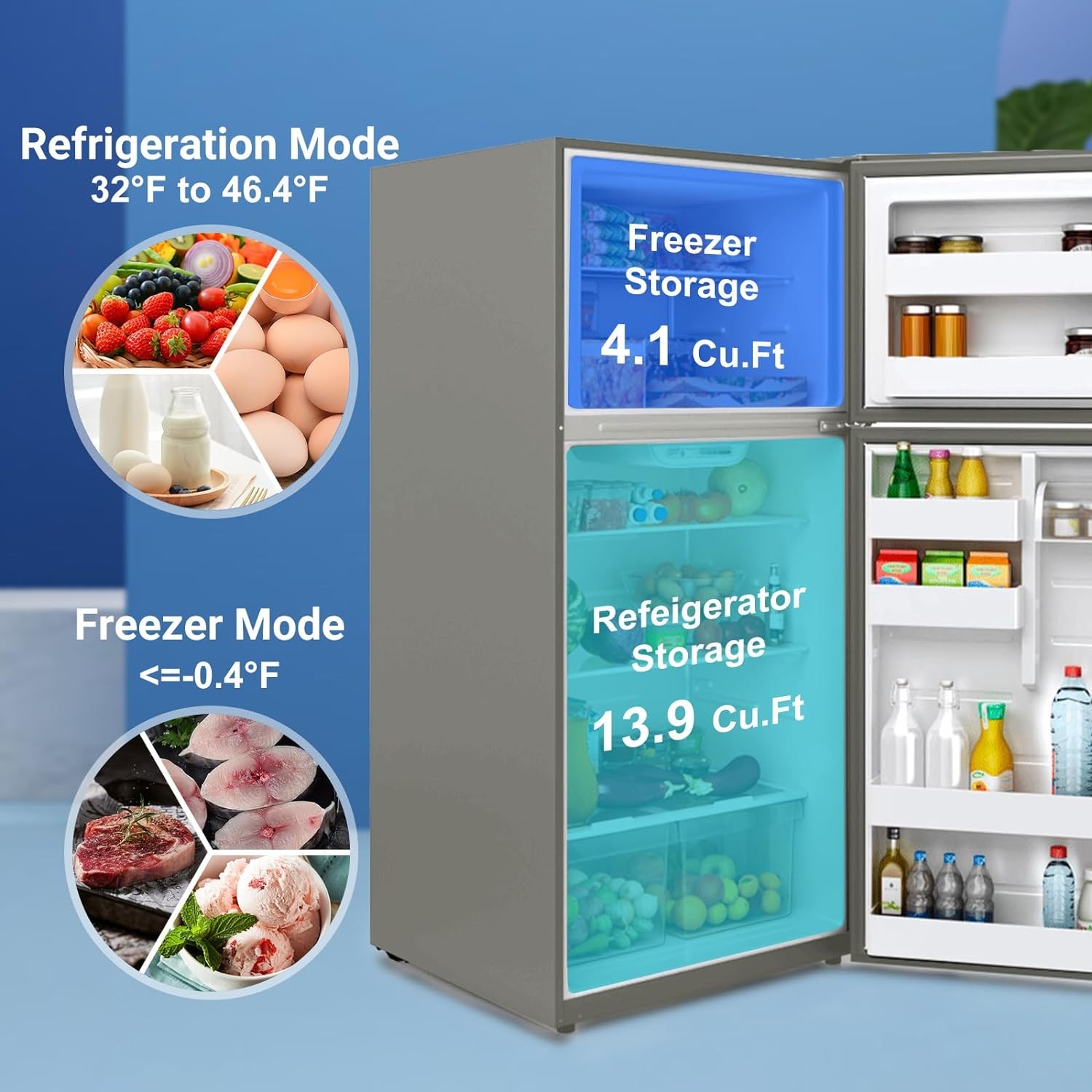 SMETA Refrigerator with Freezer Top 18 Cu. Ft Garage Refrigerators 30" Top Mount Full Size Stainless Steel for Kitchen Fridge, Frost Free Double Door Upright Freezer Led Light, Garage Ready