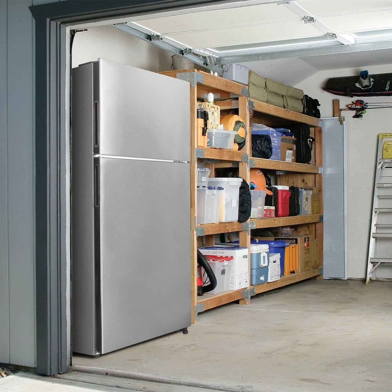 SMETA Refrigerator with Freezer Top 18 Cu. Ft Garage Refrigerators 30" Top Mount Full Size Stainless Steel for Kitchen Fridge, Frost Free Double Door Upright Freezer Led Light, Garage Ready