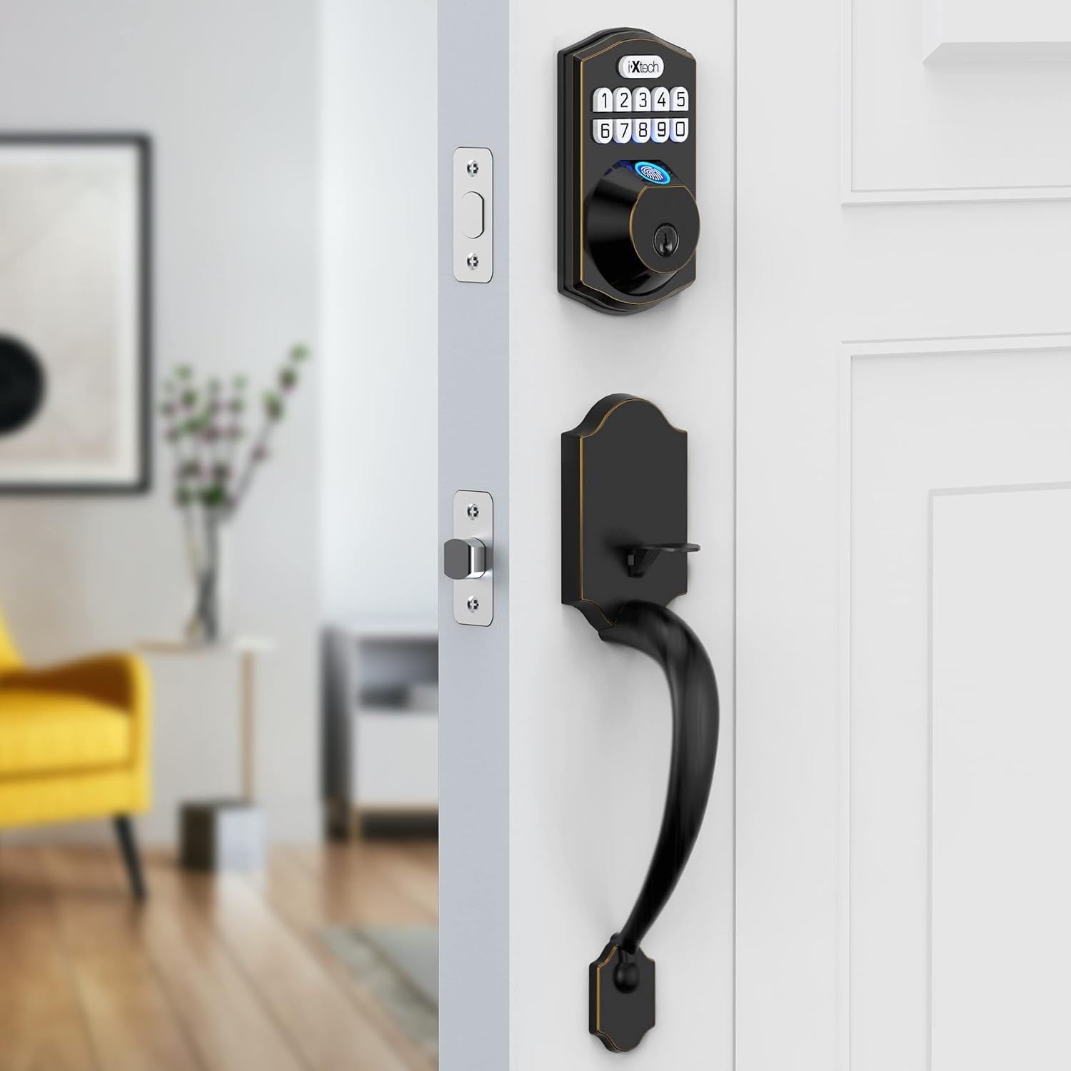 IXTECH Fingerprint Door Lock Set, Keyless Entry Door Lock Deadbolt with Handle and 2 Keys, Auto Lock Smart Finger Print Door Lock for Front Door, Electronic Door Lock with Keypad, Oil Bronze Finish