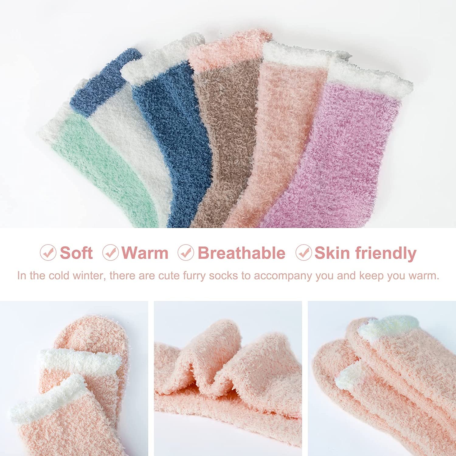 Womens Fuzzy Socks 6 Pairs, Winter Warm Fluffy Slipper Socks, Soft Cozy Thick Fleece Socks Gifts