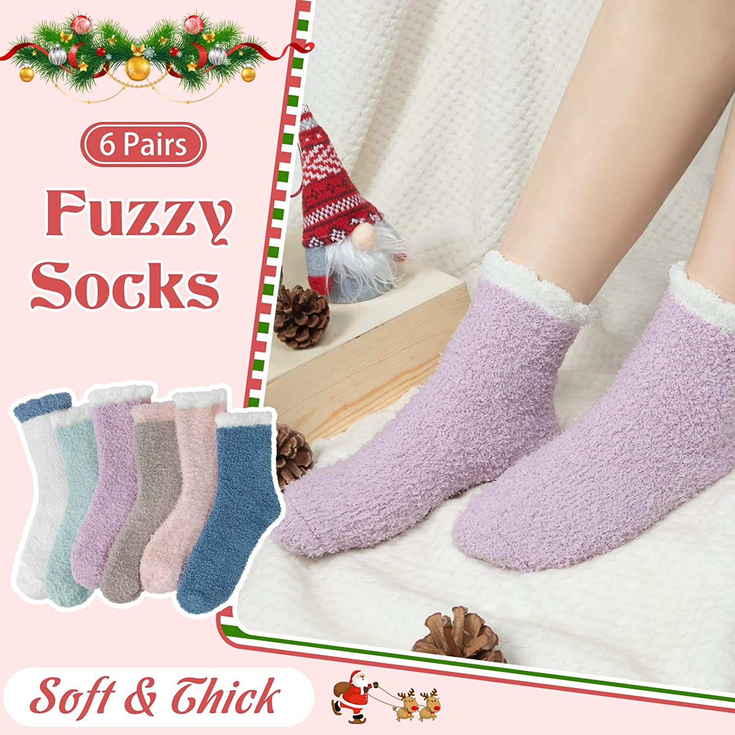 Womens Fuzzy Socks 6 Pairs, Winter Warm Fluffy Slipper Socks, Soft Cozy Thick Fleece Socks Gifts