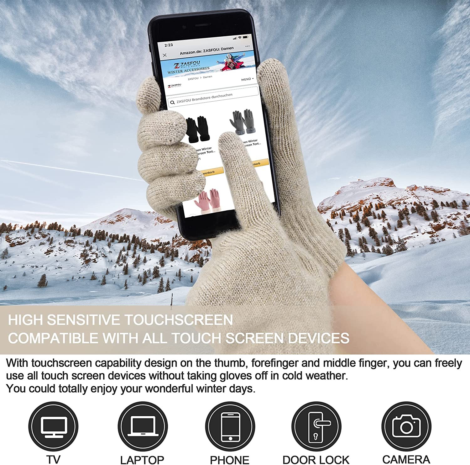 Womens Winter Beanie Hats Scarf Touchscreen Gloves Set Warm Knit Skull Caps Neck Warmer for Women Men