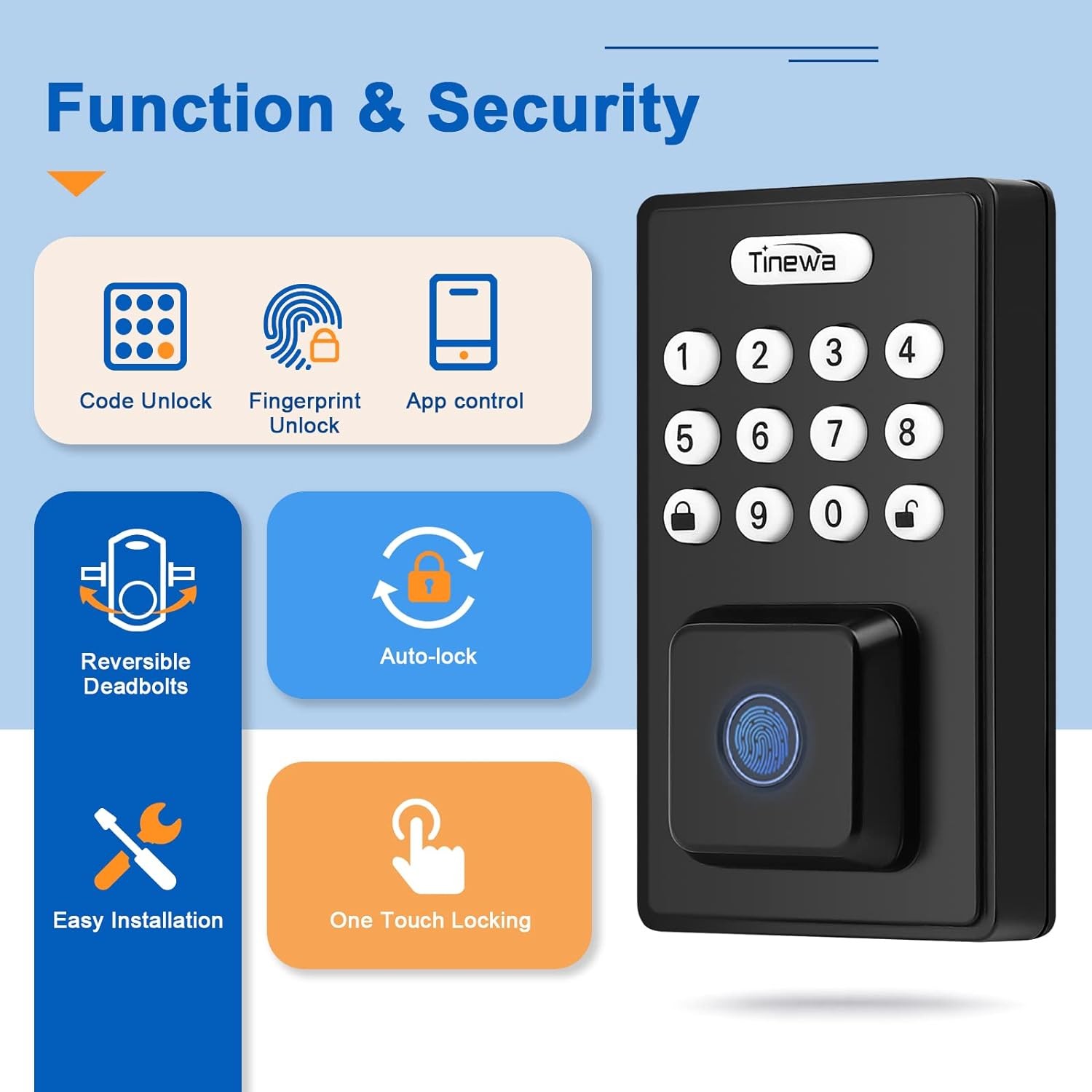 Tinewa Fingerprint Door Lock Set, Keyless Entry Door Lock, Front Door Handle Sets for Home & Apartments, Electronic Keypad Deadbolt with Lever Handle, 2 Keys, Auto Lock, Black