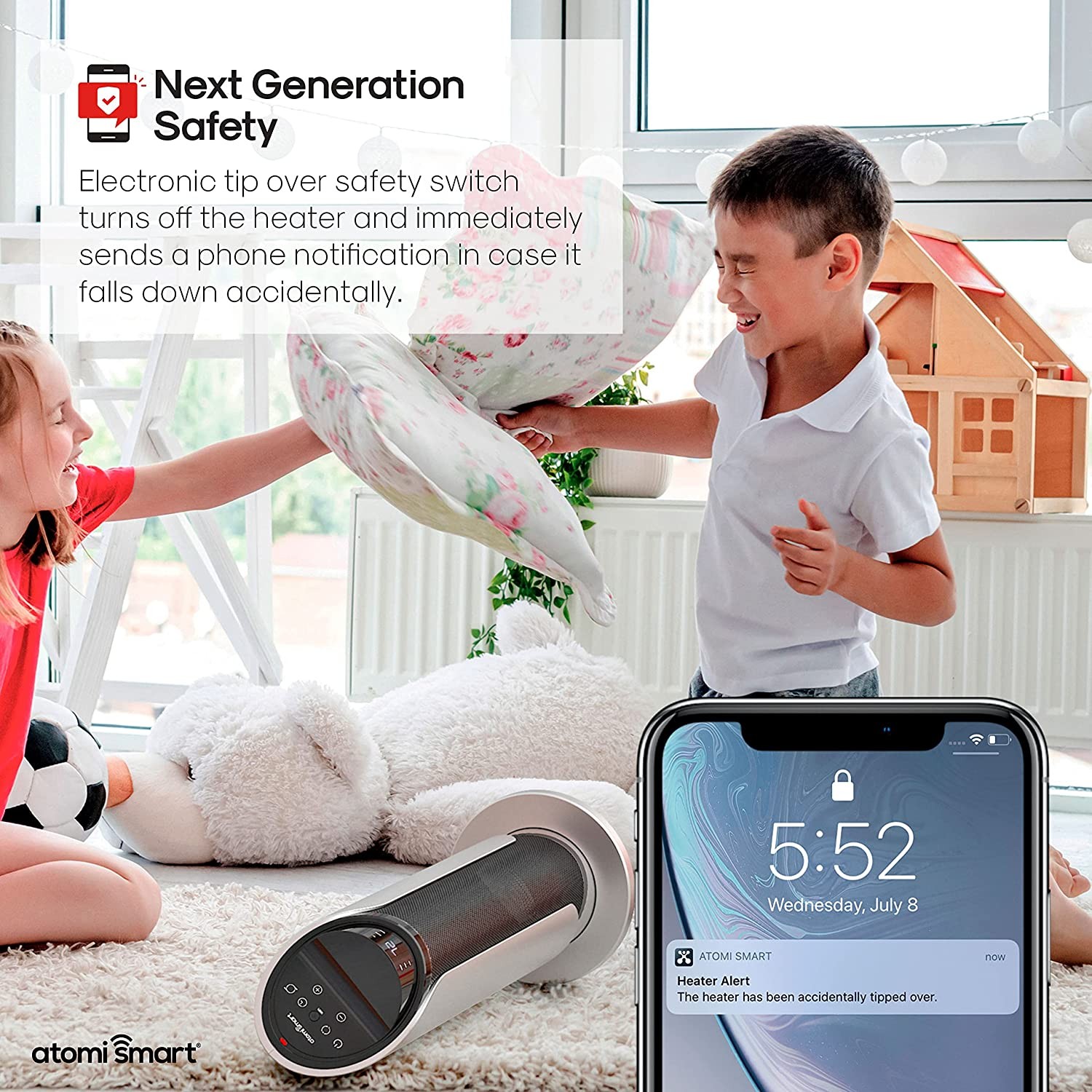 Atomi Smart WiFi 25" Ceramic Tower Space Heater – 3rd Gen.,1500W, Wide-Angle Oscillation, 750 Square-Foot Coverage, Tip-Over Safety Switch, Smartphone Control, Compatible with Alexa and Google Assista