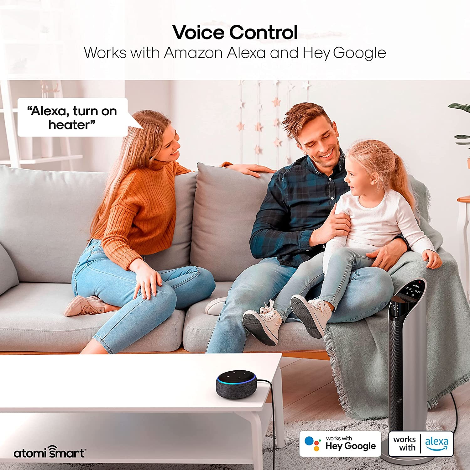 Atomi Smart WiFi 25" Ceramic Tower Space Heater – 3rd Gen.,1500W, Wide-Angle Oscillation, 750 Square-Foot Coverage, Tip-Over Safety Switch, Smartphone Control, Compatible with Alexa and Google Assista