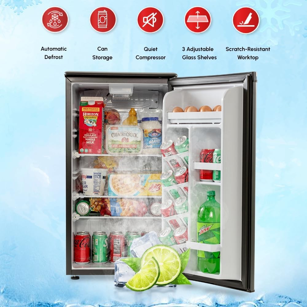 roomwell 3.3 Cu Ft Mini Fridge Compact All Refrigerator without Freezer, Single Door Small Refrigerator REFNFR3300, Black