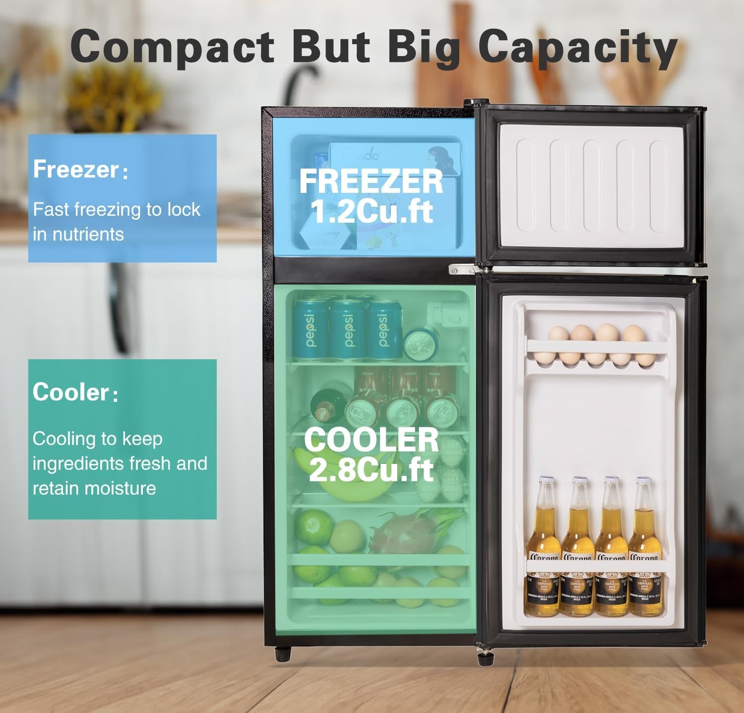 Anukis Compact Refrigerator 4.0 Cu Ft 2 Door Mini Fridge with Freezer For Apartment, Dorm, Office, Family, Basement, Garage, Black
