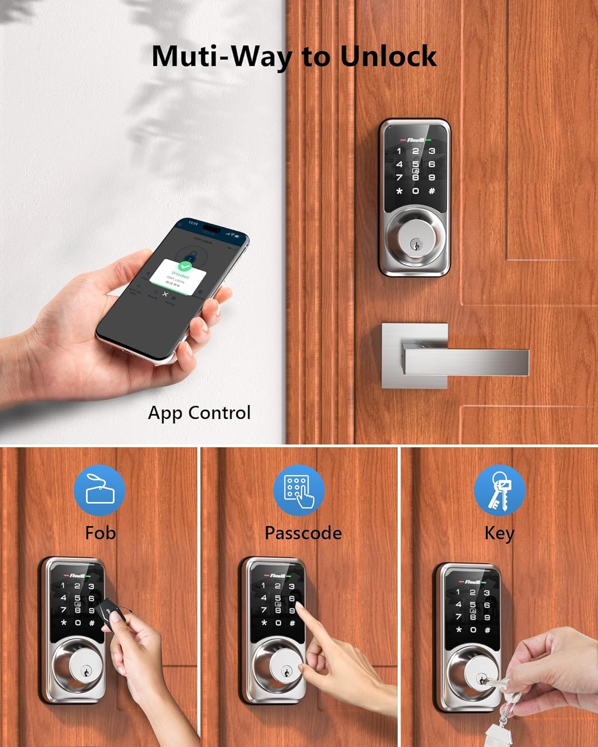 Zowill Front Door Lock Set with APP Contorl - Keyless Entry Door Lock with Handle Set, Electronic Keypad Deadbolt, Auto Lock, Easy Installation - Keypad Door Lock with Handle Compatible with Alexa
