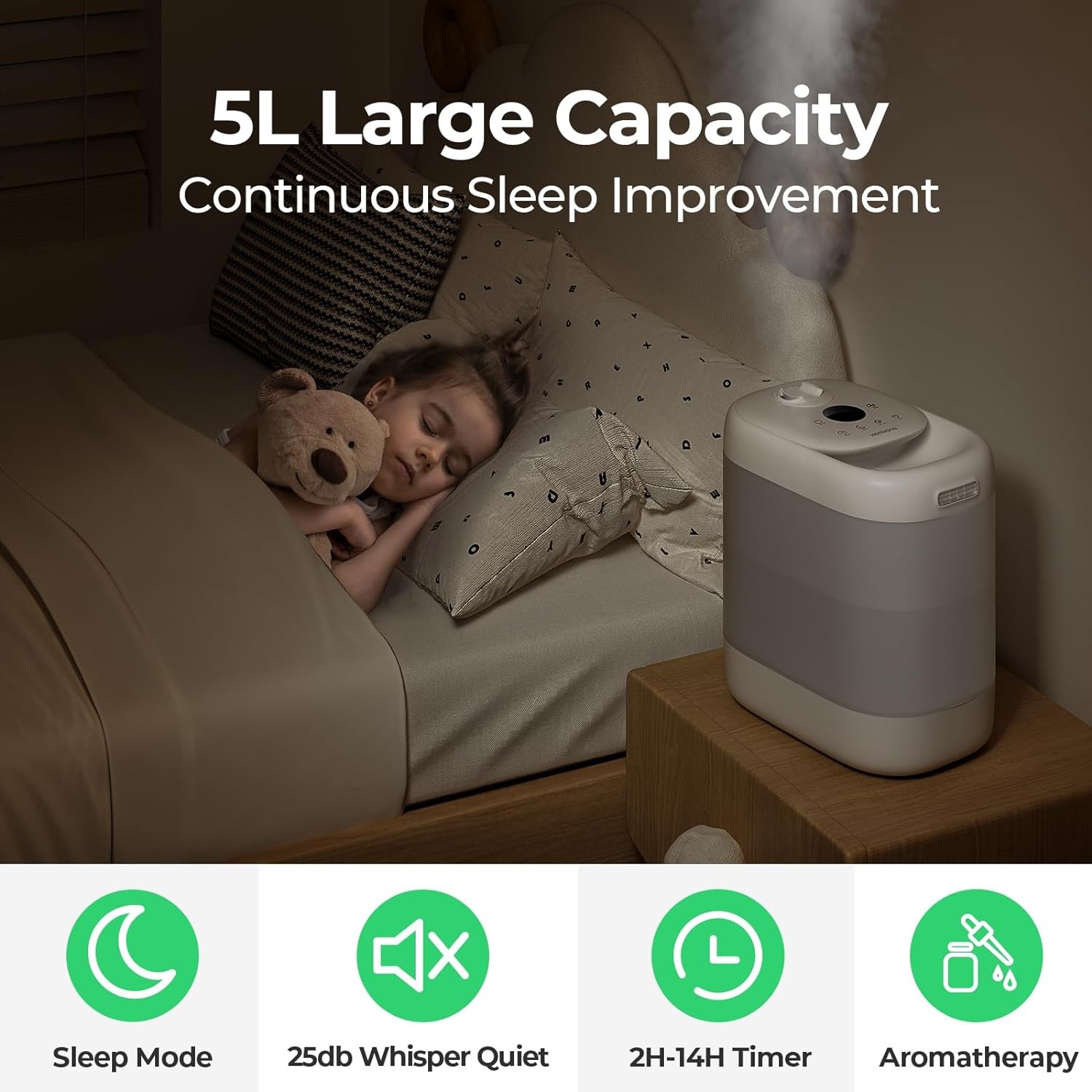 Homvana Humidifiers for Bedroom, 5L Top Fill Cool Mist Vaporizer for Plants Baby Kids for Home (Never Leaking Design), Quiet (23dB) Humidifier for Large Room, 40H Runtime, Auto, Essential Oil Diffuser