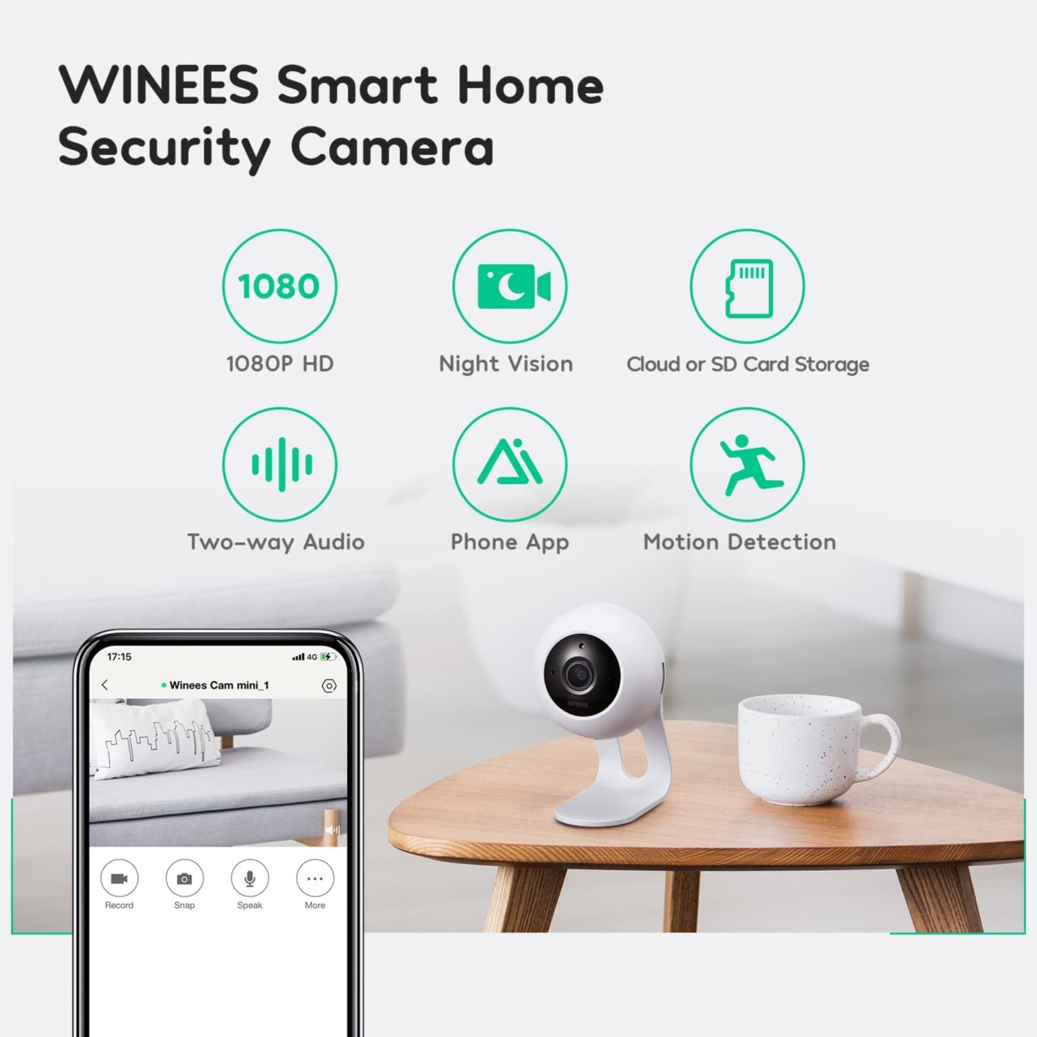 winees Indoor Security Camera, Baby Monitor Wi-Fi Smart Home IP Camera with Motion Detection,2-Way Audio, 2.4GHZ, Night Vision, Multi Installation Cam for Pet, Baby Works with Alexa