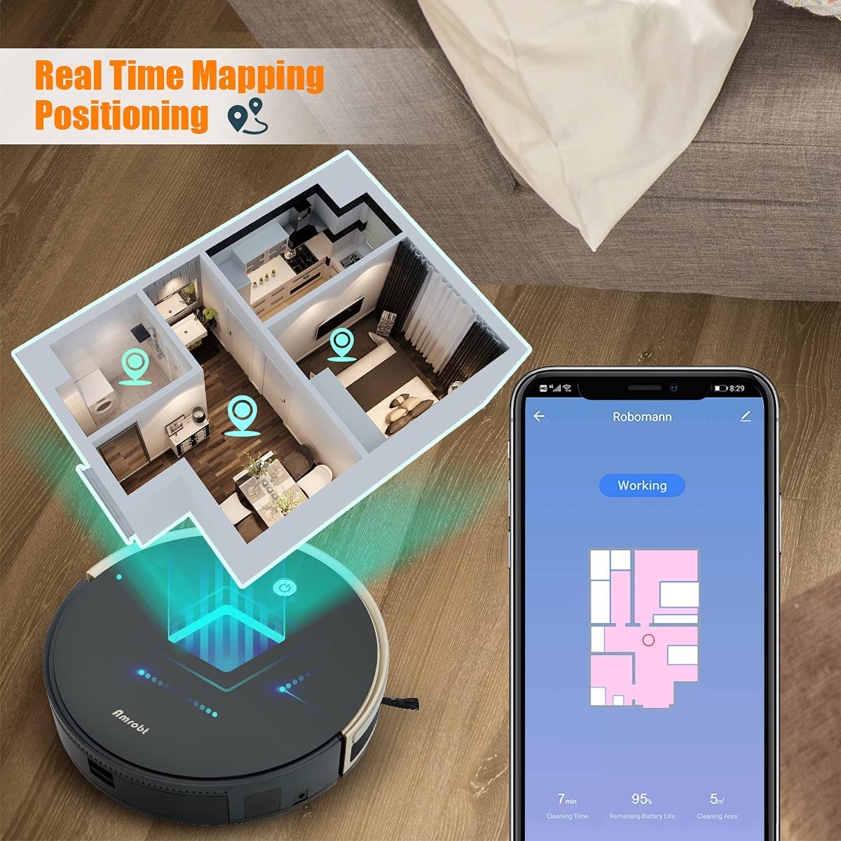 Robot Vacuum and Mop Cleaner, Amrobt X9 Robotic Cleaner, 2200Pa Suction, 600ML Dustbox, 400ML Water Tank, Suction Boost, Daily Schedule, GYRO Navigation, Compatible with Alexa