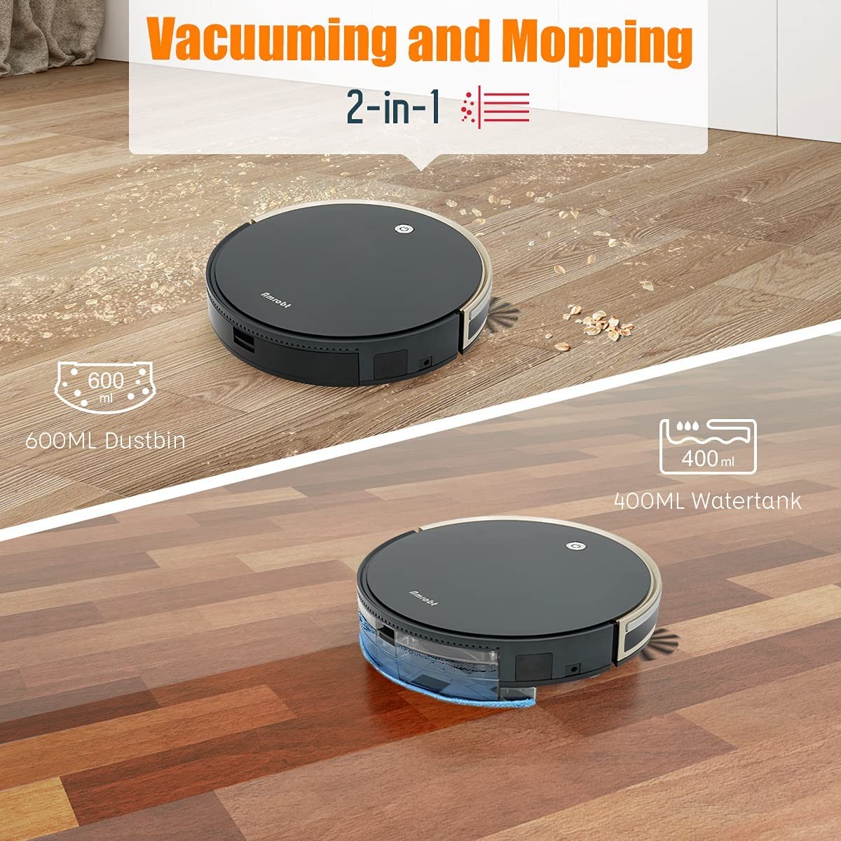 Robot Vacuum and Mop Cleaner, Amrobt X9 Robotic Cleaner, 2200Pa Suction, 600ML Dustbox, 400ML Water Tank, Suction Boost, Daily Schedule, GYRO Navigation, Compatible with Alexa
