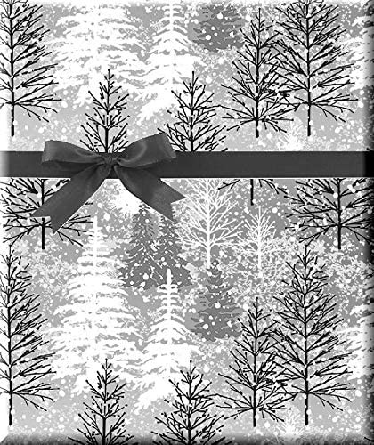 CakeSupplyShop Celebrations Metallic Winter Snow Mountain Tree Black & White Christmas Holiday Gift Wrap 24inch x 12ft Folded Wrapping Paper with Tags