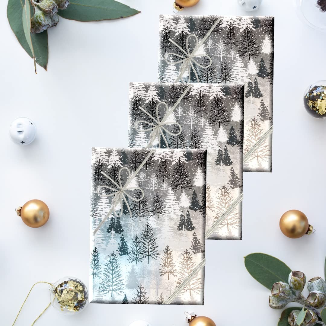 CakeSupplyShop Celebrations Metallic Winter Snow Mountain Tree Black & White Christmas Holiday Gift Wrap 24inch x 12ft Folded Wrapping Paper with Tags