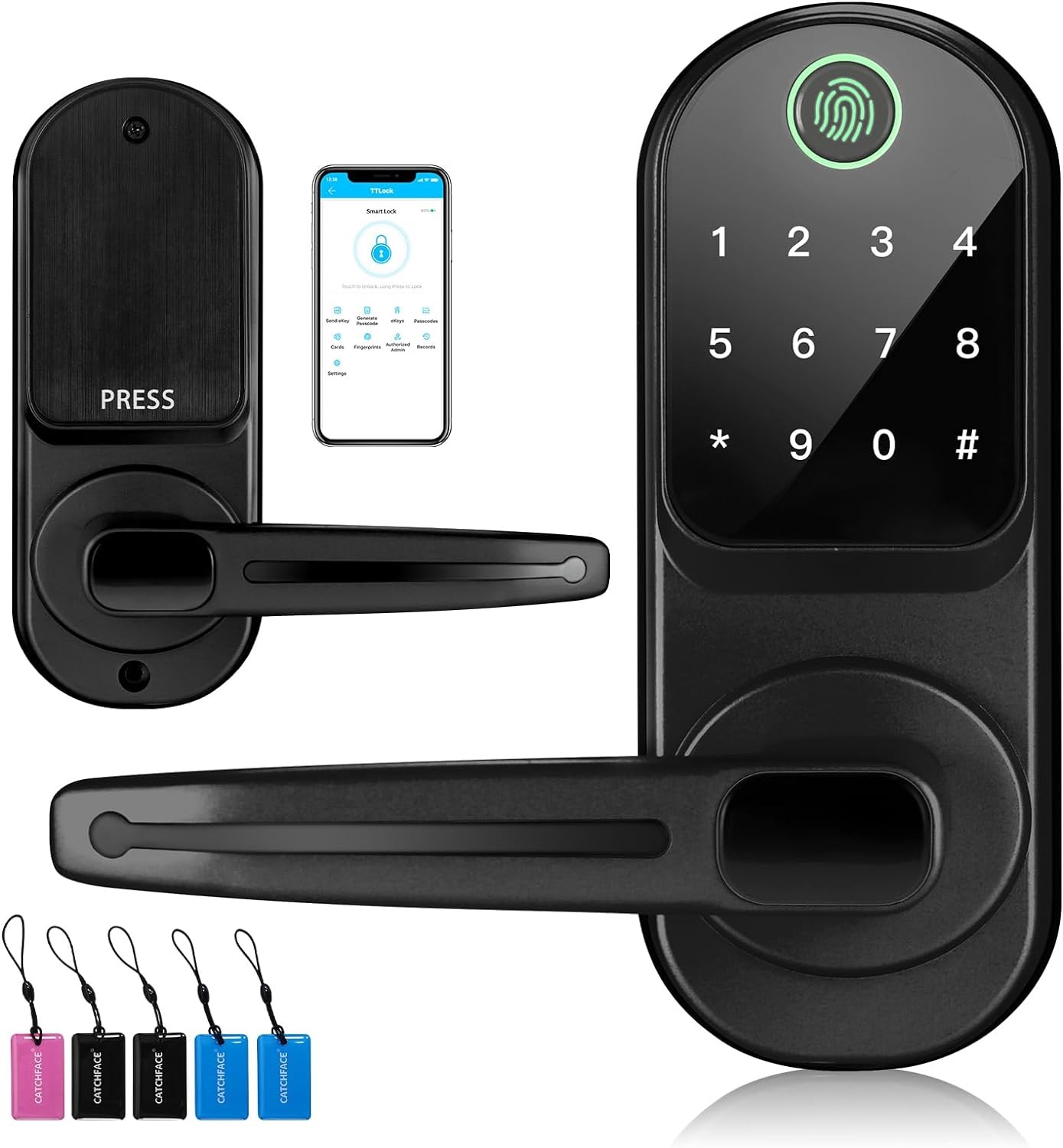 Smart Lock,CATCHFACE Fingerprint Door Lock Bluetooth Enabled and Touchscreen Door Lock|TTLock Smart Lock|Keyless Entry Door Lock with Reversible Handle Smart Door Lock for Front Door(Matte Black)