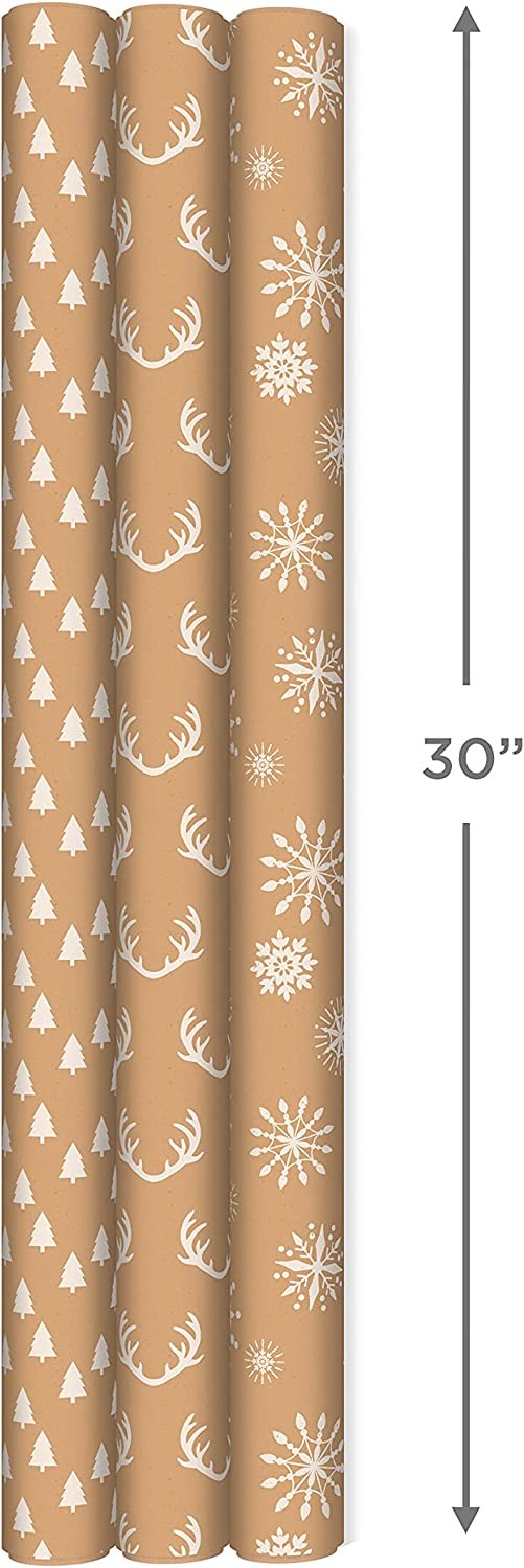 Hallmark Recyclable Kraft Wrapping Paper with Cut Lines (3 Rolls: 90 Sq. Ft. Ttl.) Minimalist Christmas, White Trees, Deer Antlers, Snowflakes on Brown Kraft for Holidays, Weddings, Winter Solstice