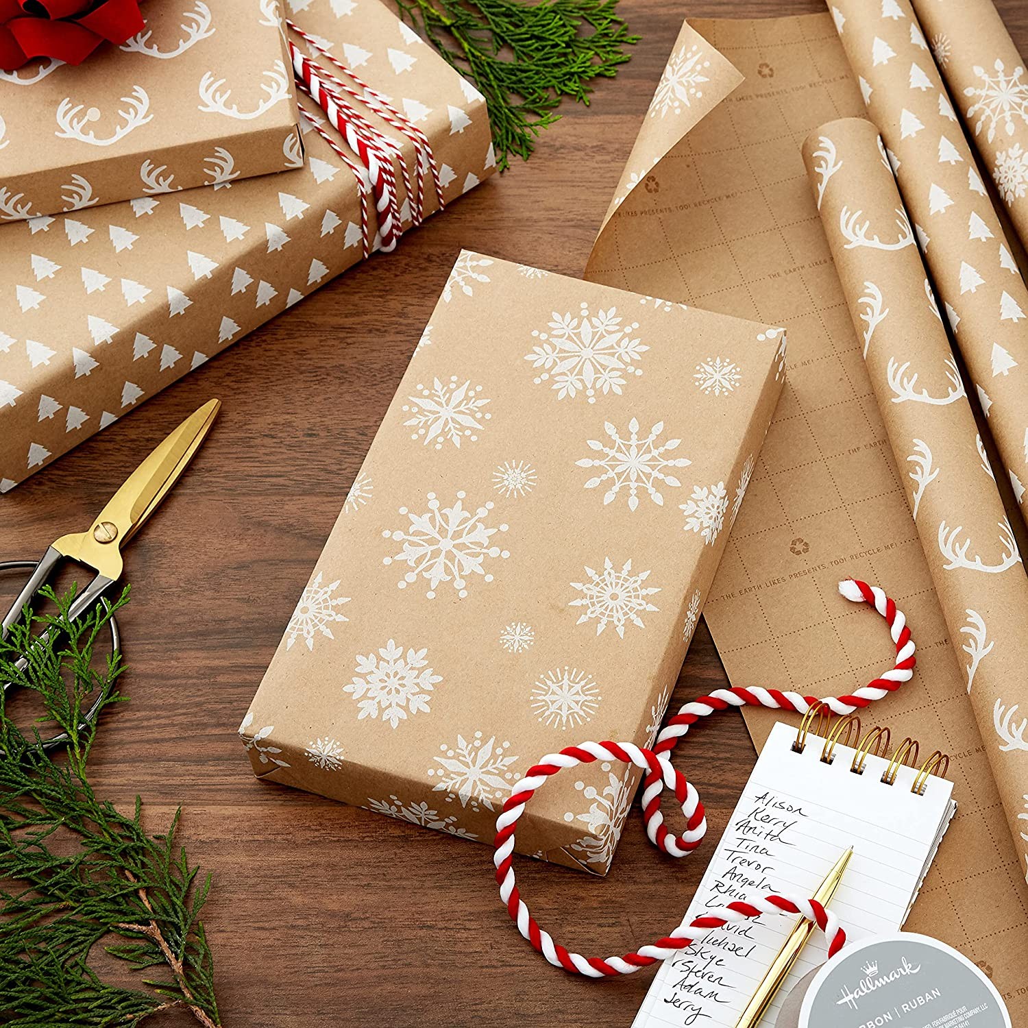 Hallmark Recyclable Kraft Wrapping Paper with Cut Lines (3 Rolls: 90 Sq. Ft. Ttl.) Minimalist Christmas, White Trees, Deer Antlers, Snowflakes on Brown Kraft for Holidays, Weddings, Winter Solstice