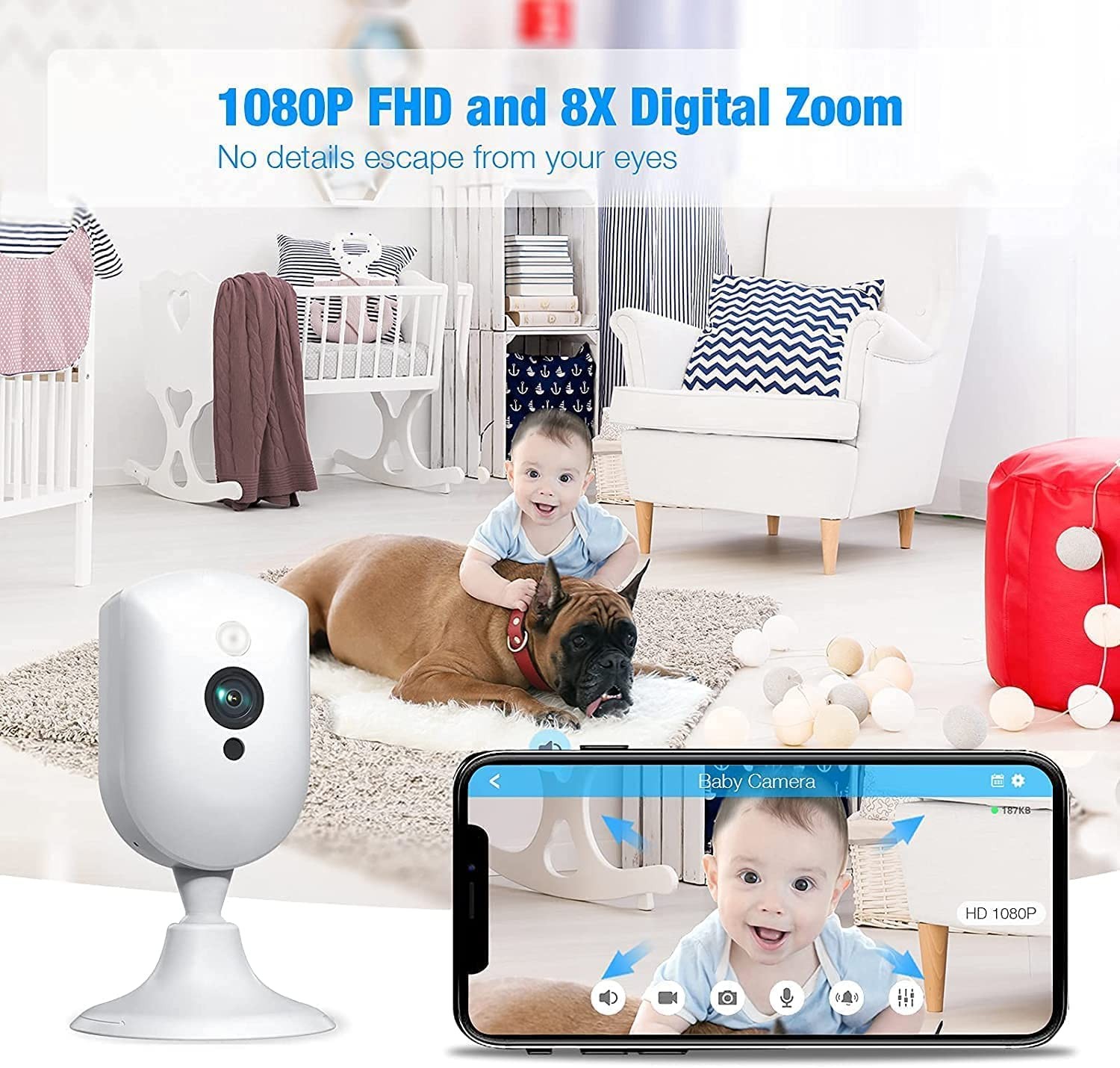 Baby Monitor with Camera and Audio, 1080P HD Pet Camera with Sound/Motion Detect, Plug-in Indoor Security Camera with Night Vision, 2 Way Audio Nanny IP Cam for Home Surveillance-Alexa