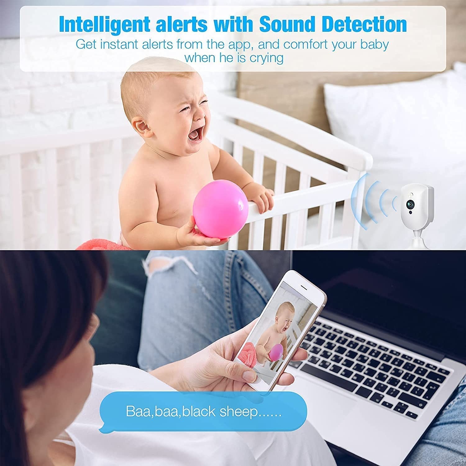 Baby Monitor with Camera and Audio, 1080P HD Pet Camera with Sound/Motion Detect, Plug-in Indoor Security Camera with Night Vision, 2 Way Audio Nanny IP Cam for Home Surveillance-Alexa