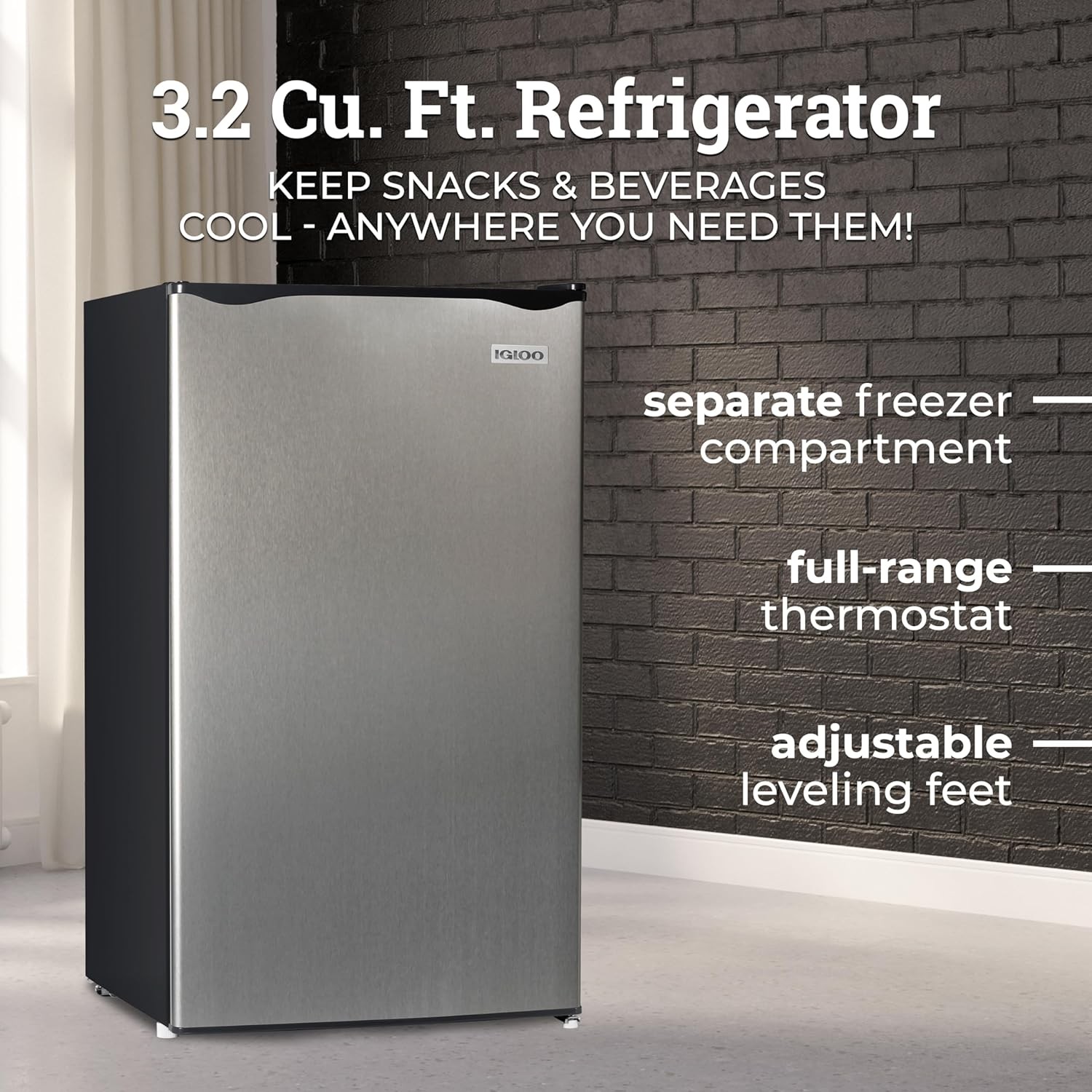 Igloo IRF32PL6A 3.2 Cu.Ft. Single Door Compact Refrigerator with Freezer, Slide Out Glass Shelf, Perfect for Homes, Offices, Dorms, Platinum
