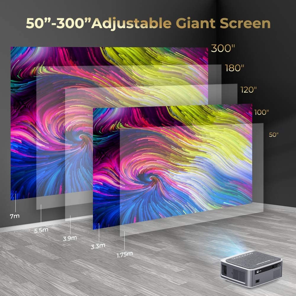 DBPOWER Native 1080P WiFi Projector, Upgrade 9500L Full HD Outdoor Movie Projector, Support 4D Keystone Correction, Zoom, PPT, 300" Portable Mini Video Projector Compatible w/Phone/Laptop/DVD/TV