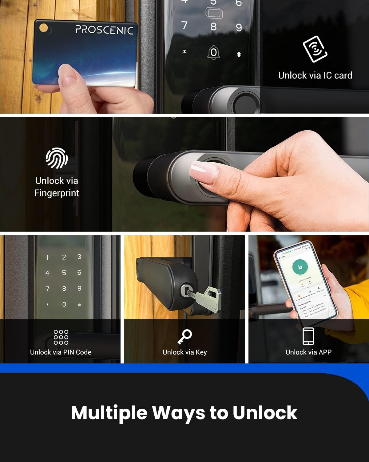 Smart Door Lock, Proscenic Keyless Entry Door Lock with Handle, Fingerprint Door Locks Support WiFi & Bluetooth, Touchscreen Electronic Door Locks with Keypads for Front Door,Bedroom,Home,Hotel,Airbnb